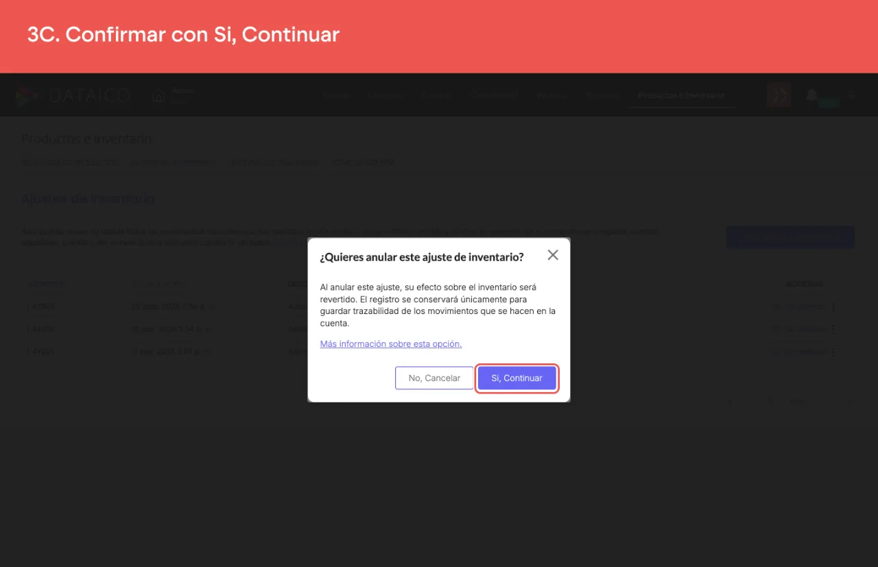 La ventana que confirma la anulación del ajuste