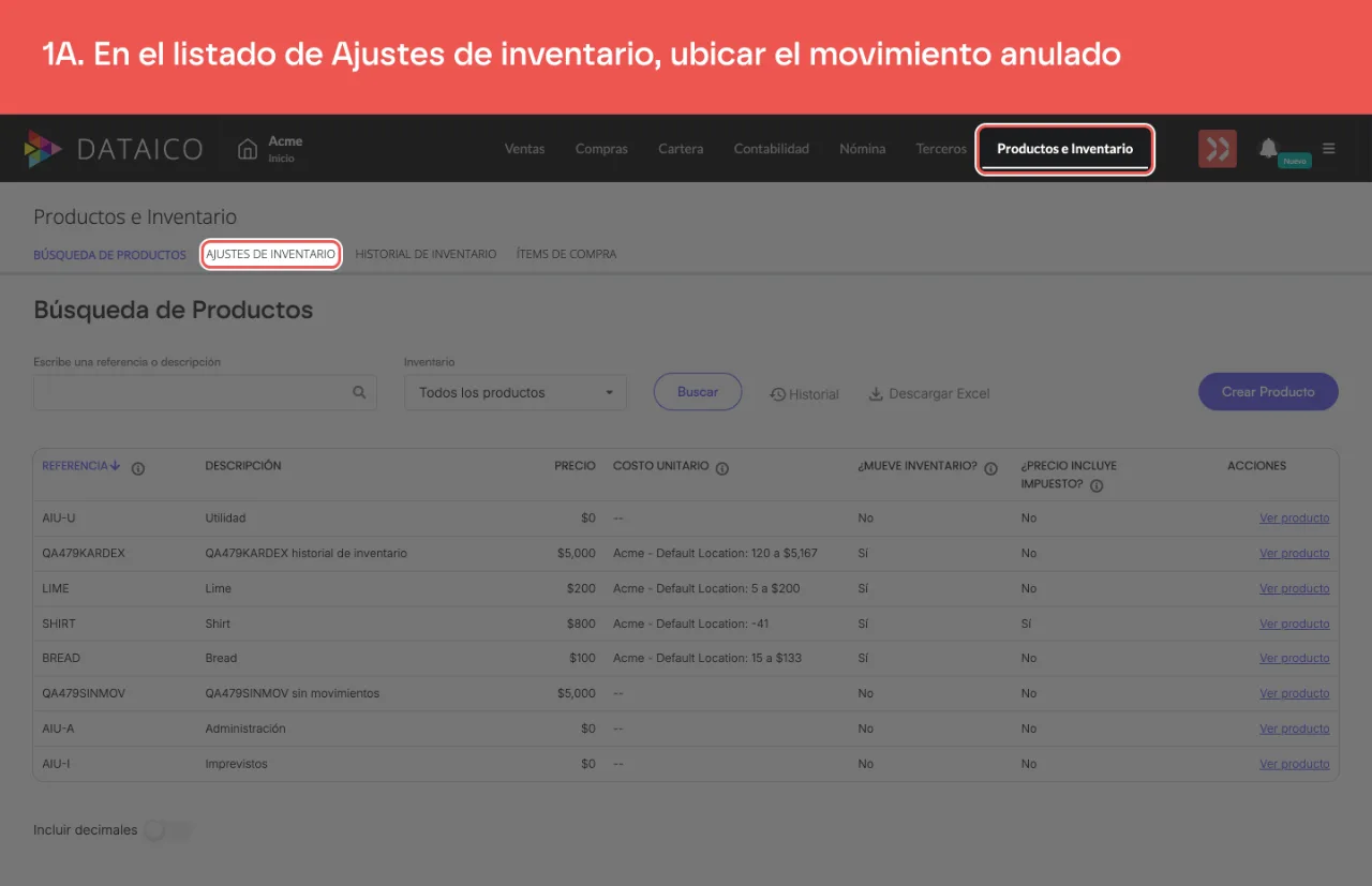 La pestaña Productos e Inventario y la subpestaña Ajustes de inventario