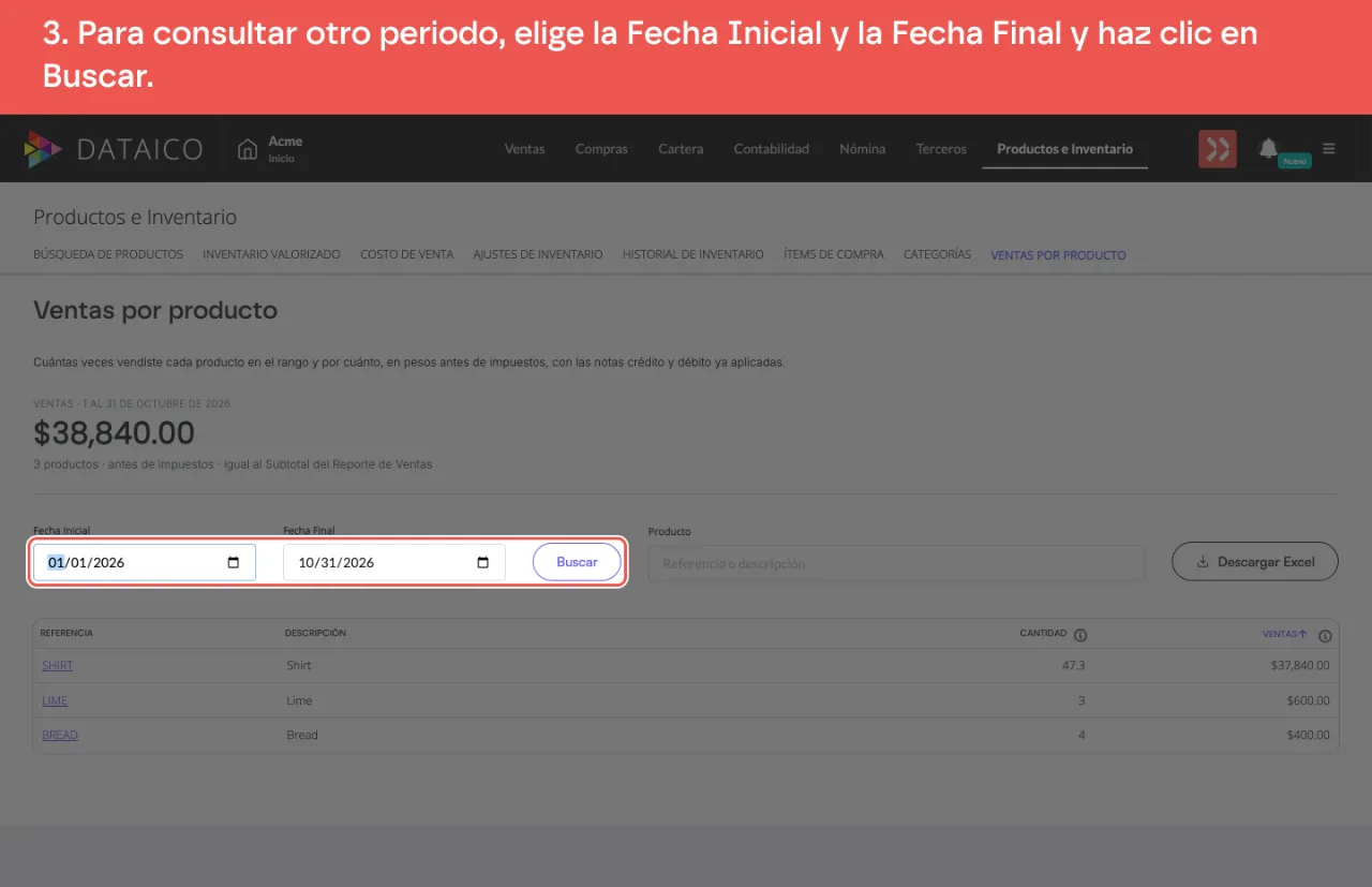 Fecha Inicial y Fecha Final con otro rango, y el botón Buscar, que lo aplica