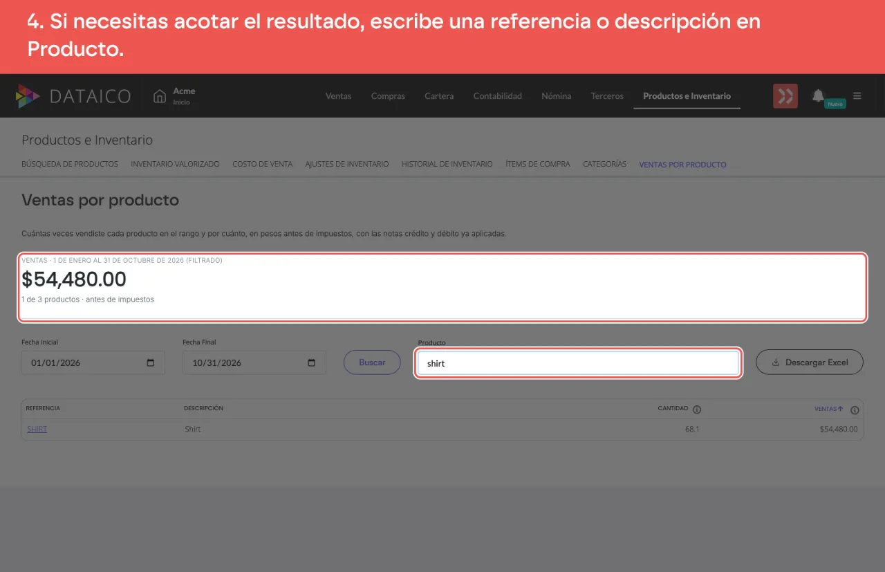 El buscador Producto con un texto escrito y el total, marcado como filtrado