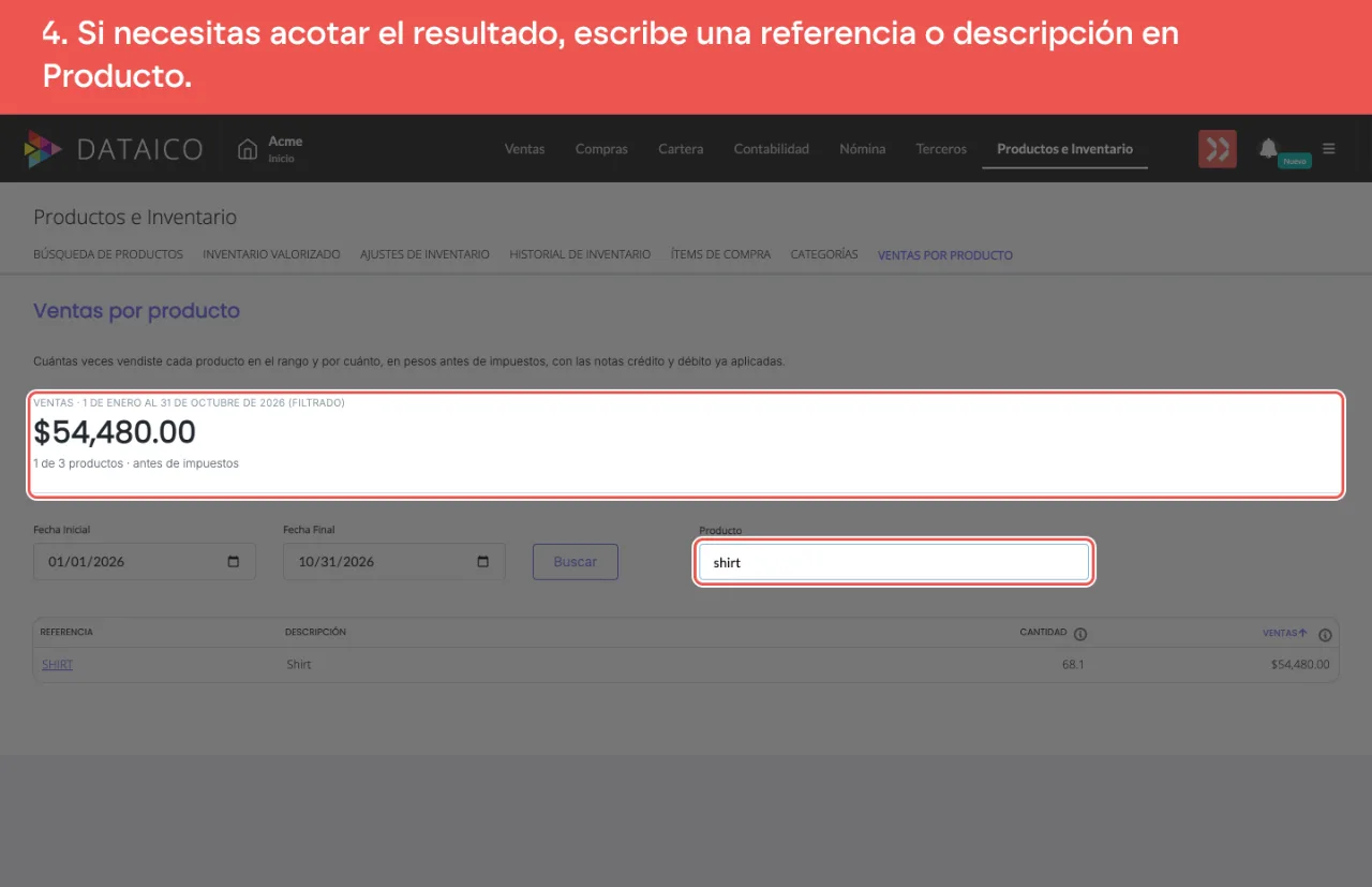 El buscador Producto con un texto escrito y el total, marcado como filtrado