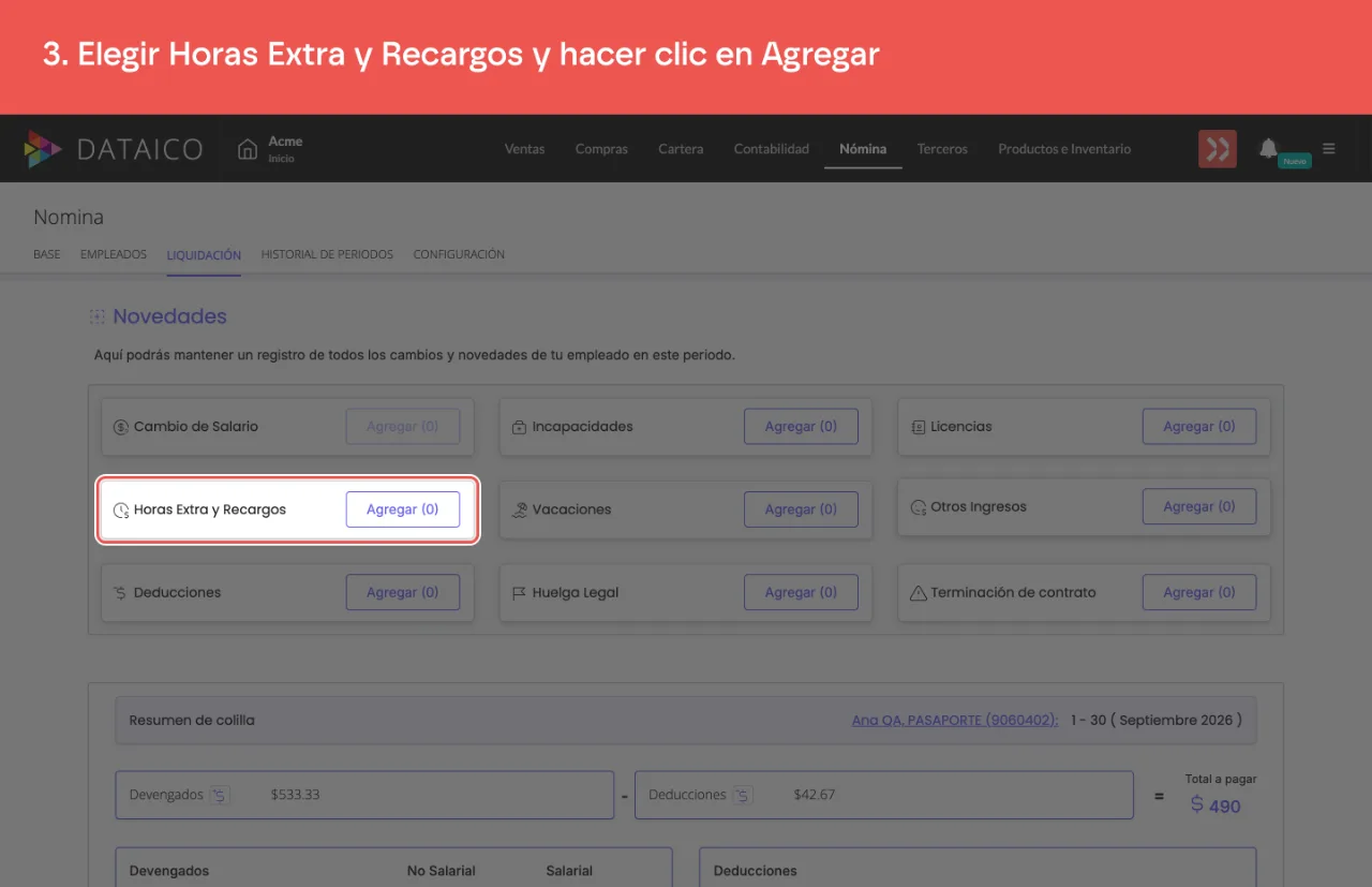 La tarjeta Horas Extra y Recargos del panel de novedades, con su botón Agregar