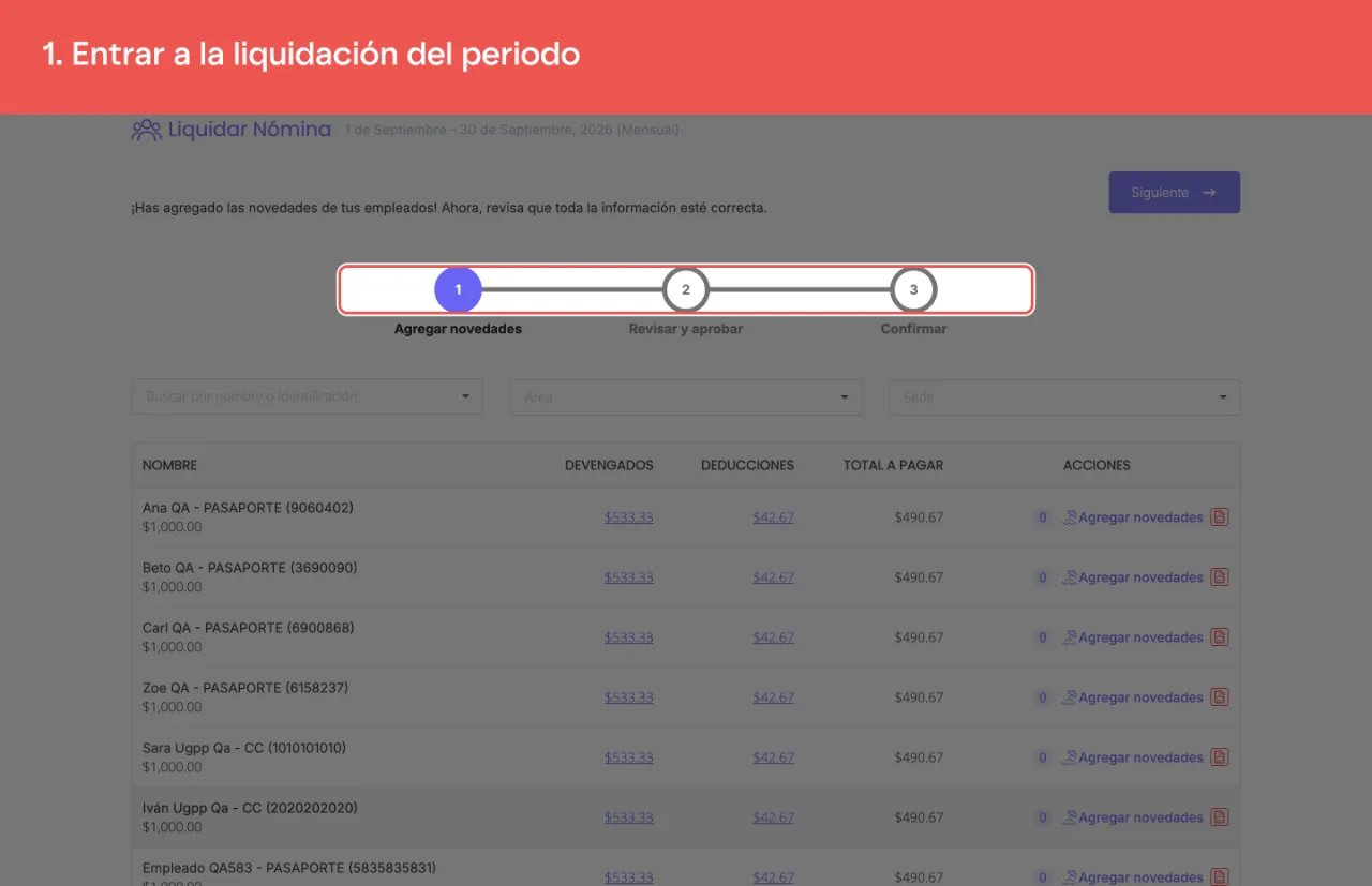 El asistente de liquidación abierto en su paso 1, Agregar novedades, con el periodo que se está liquidando