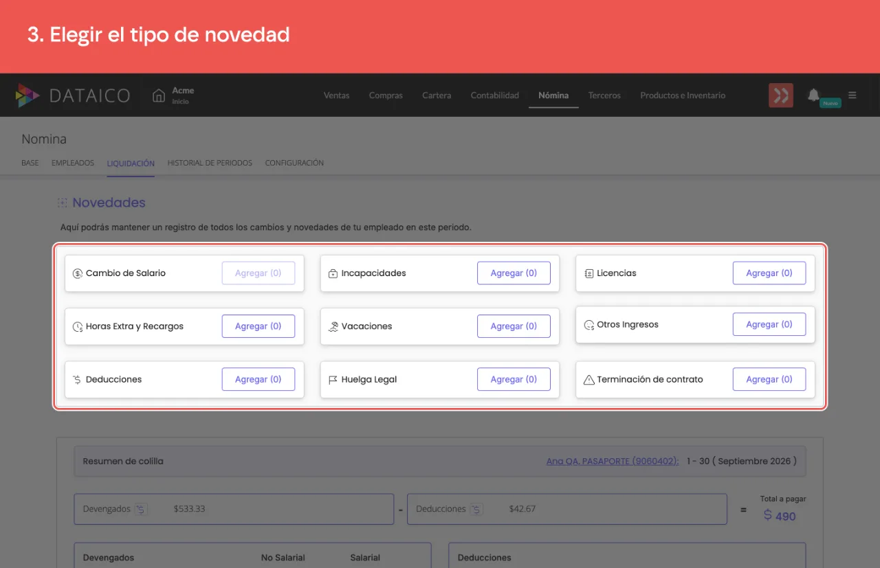 El panel de novedades del empleado, con sus nueve categorías y cuántas lleva registradas cada una