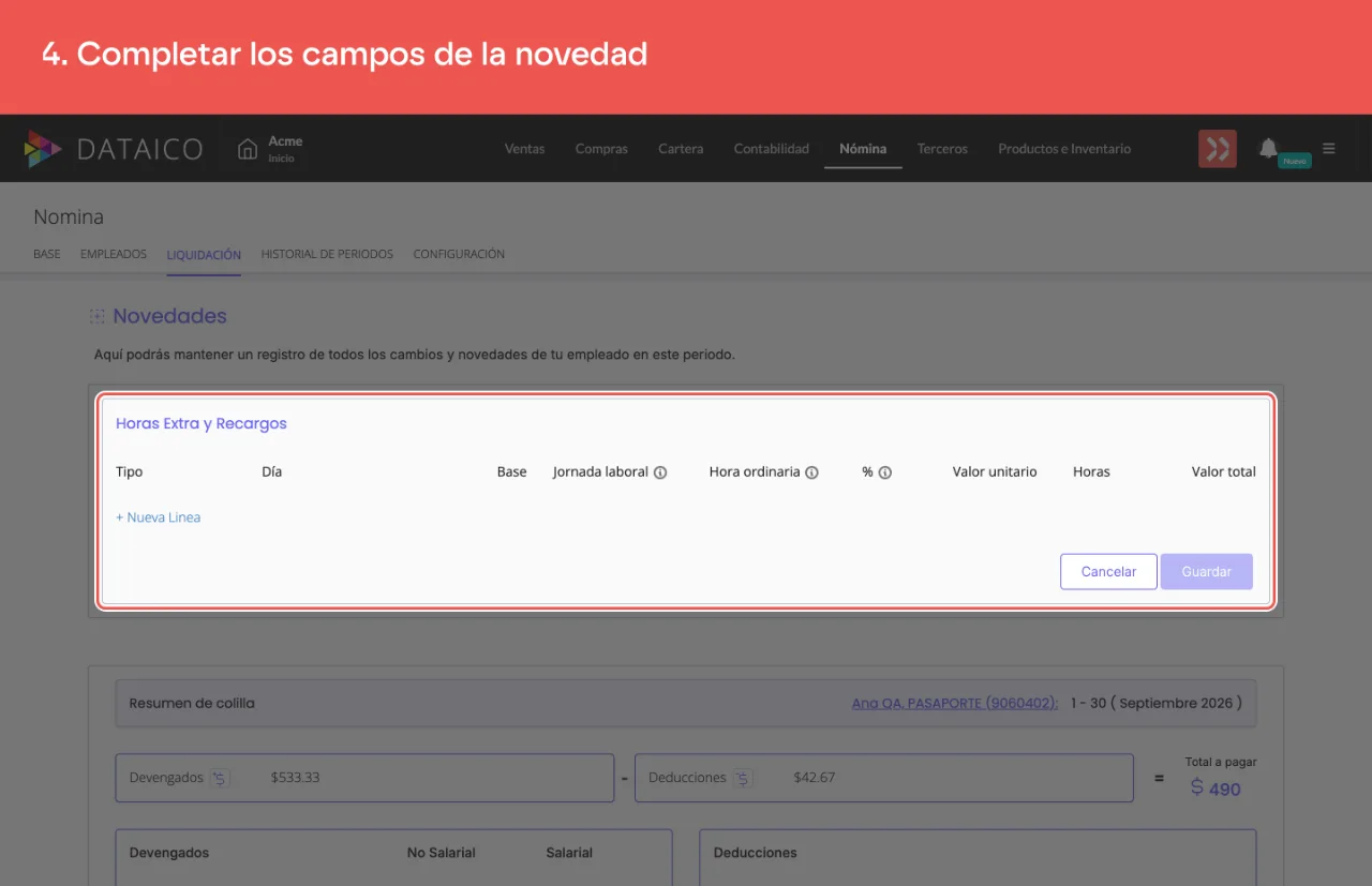 El formulario de la novedad elegida, con sus columnas y el botón Guardar
