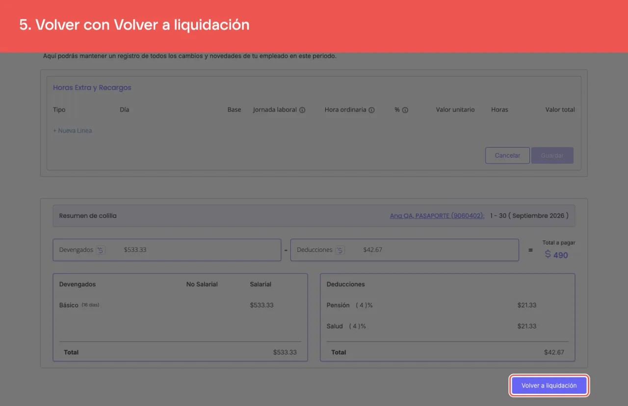 El botón Volver a liquidación, que devuelve a la tabla de empleados del periodo
