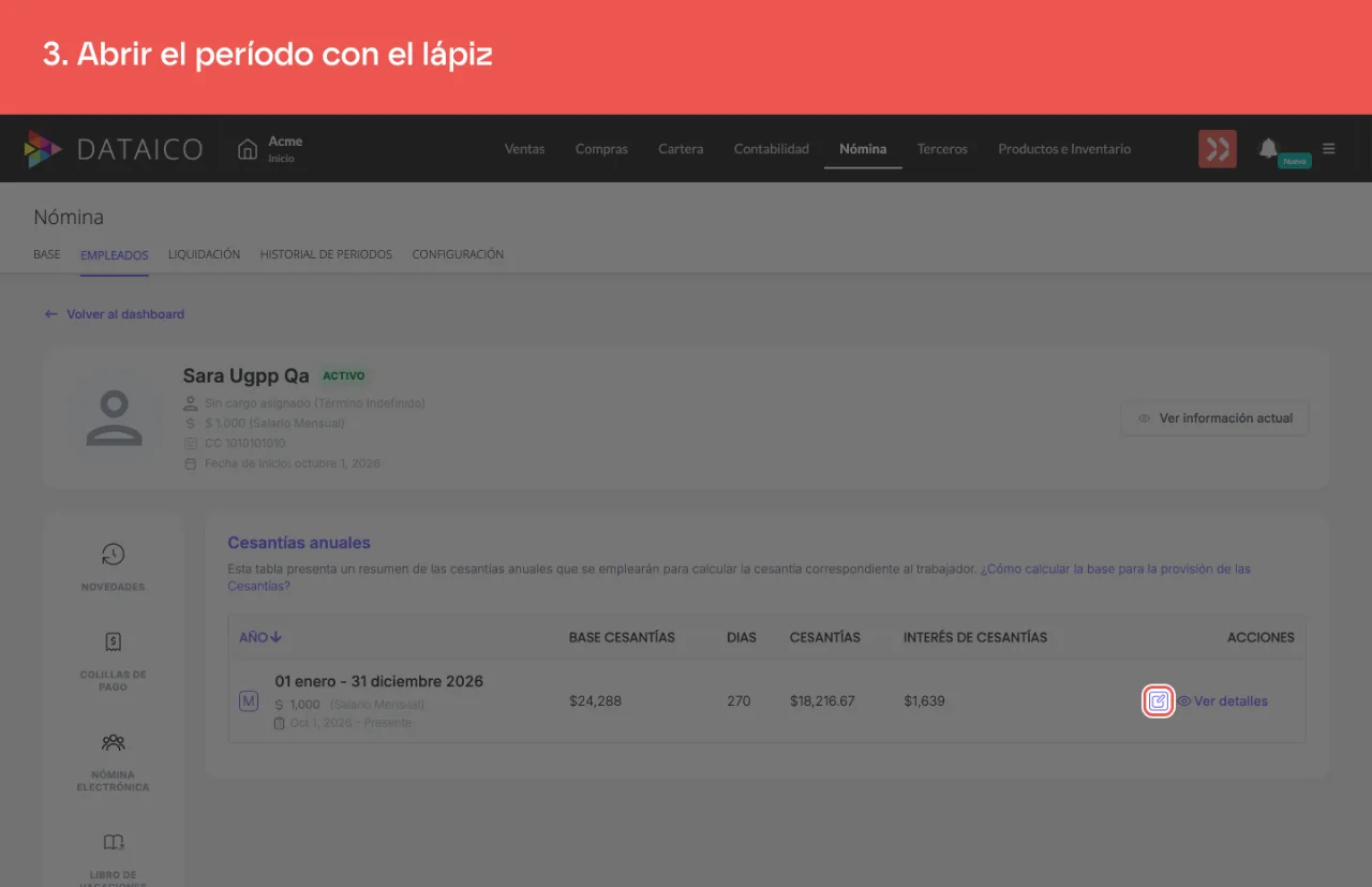 La tabla de cesantías anuales, con el lápiz de edición en la columna de acciones