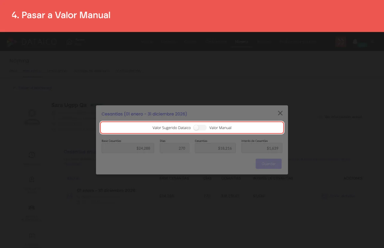 El interruptor entre Valor Sugerido Dataico y Valor Manual, arriba de los campos
