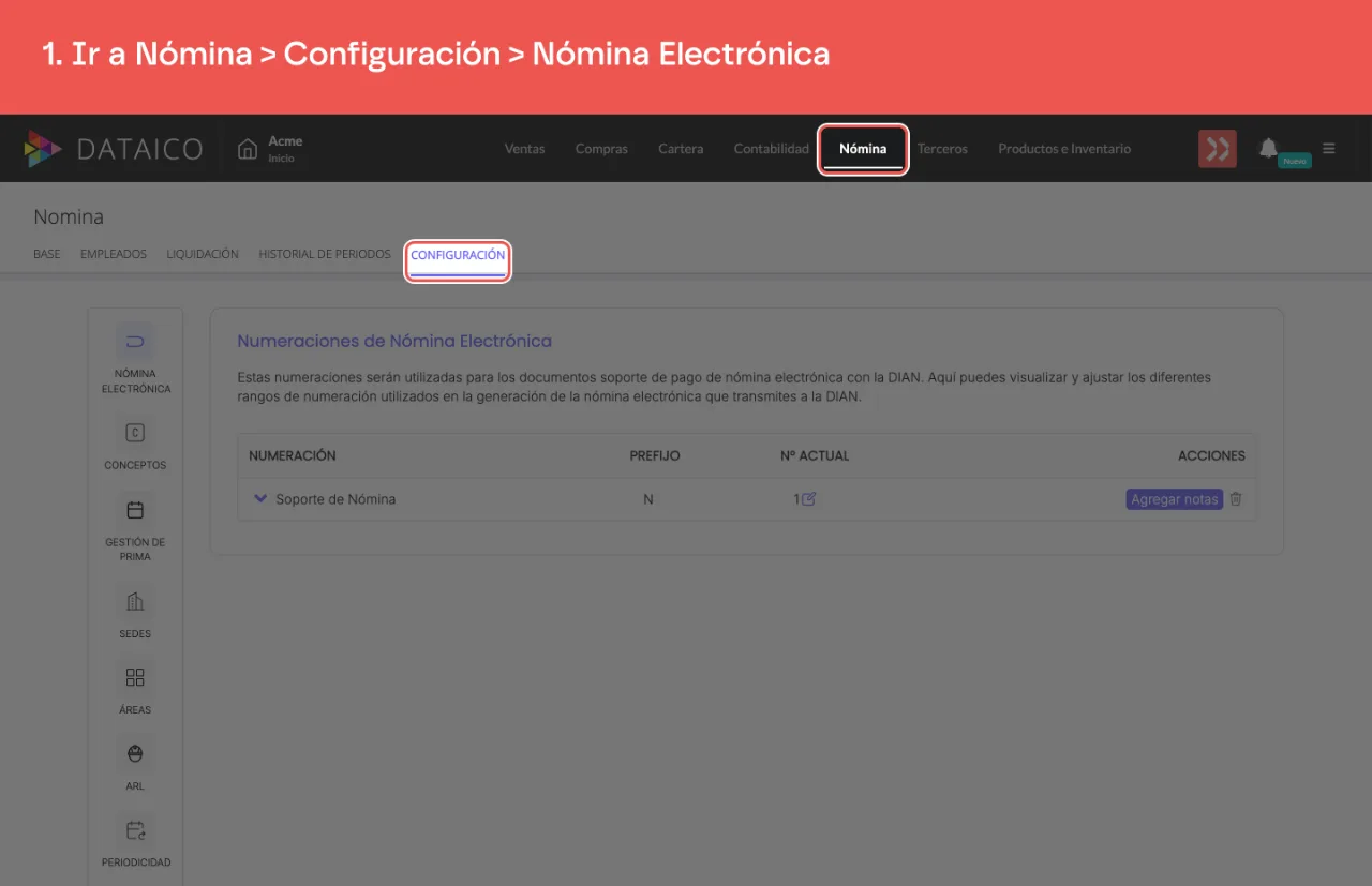 La pestaña Nómina del menú principal y, dentro, la subpestaña Configuración