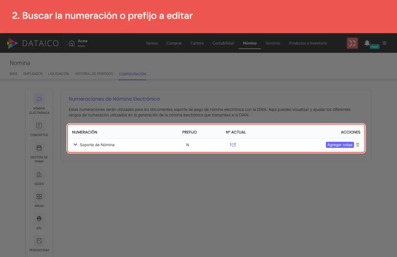 La tabla de numeraciones de nómina electrónica, con su prefijo y el número actual de cada una