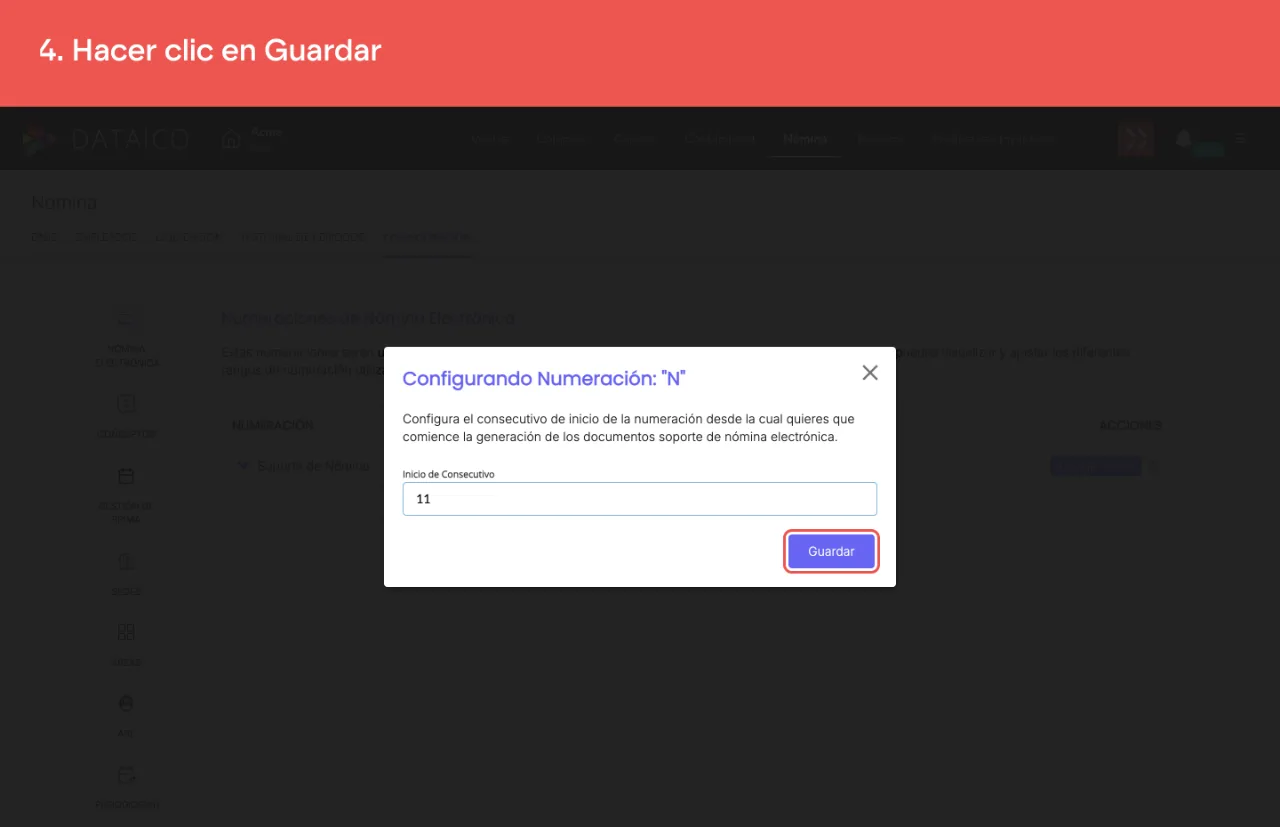 El botón Guardar del formulario de la numeración