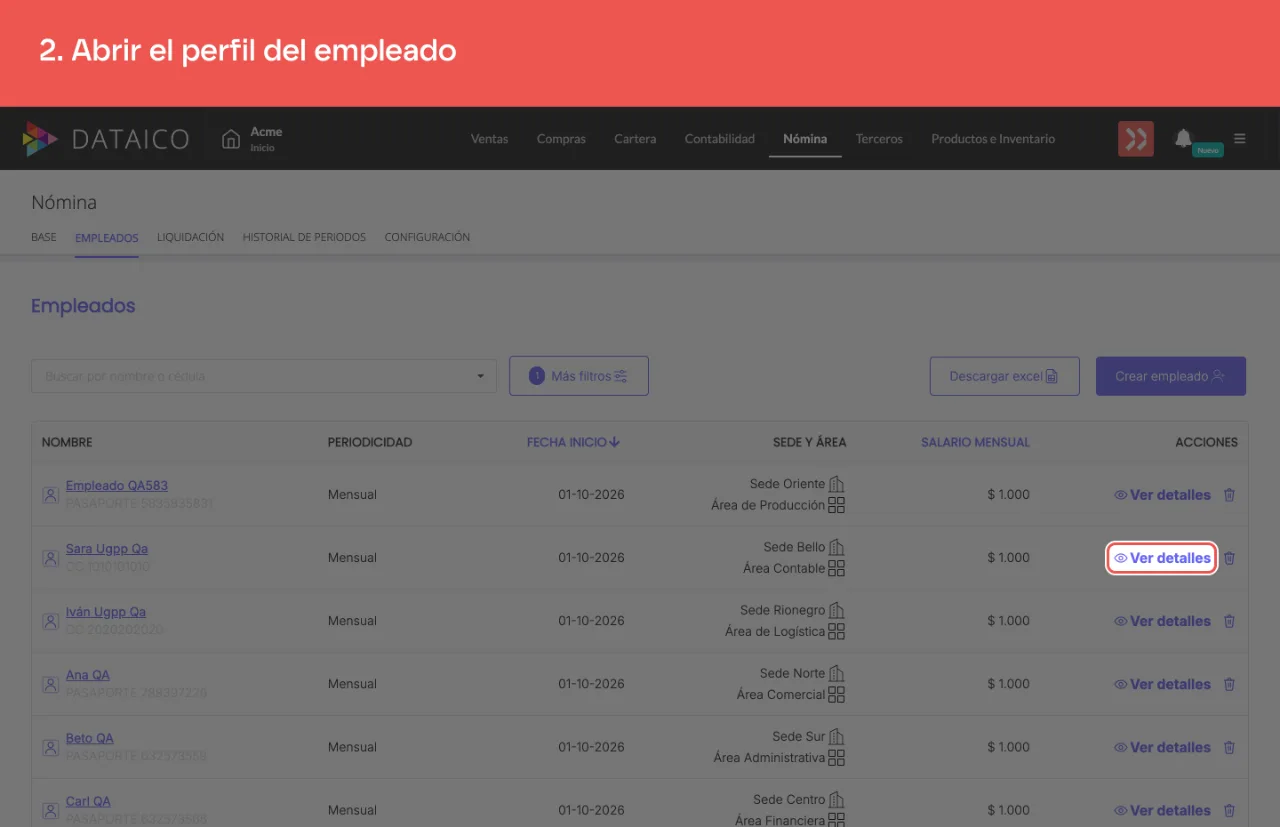 El enlace Ver detalles en la fila del trabajador, que abre su perfil