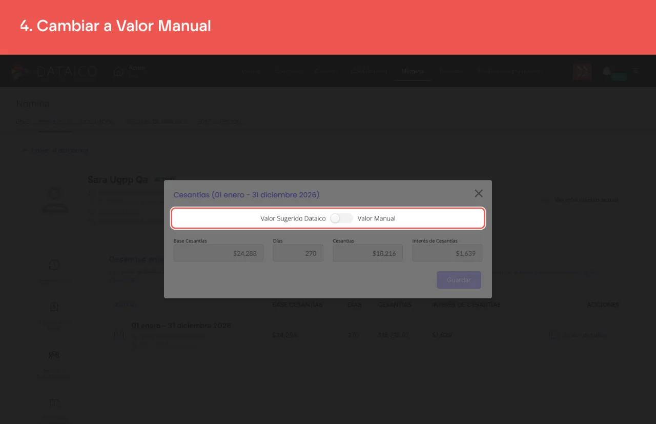 El interruptor entre Valor Sugerido Dataico y Valor Manual, arriba de los campos de la prestación