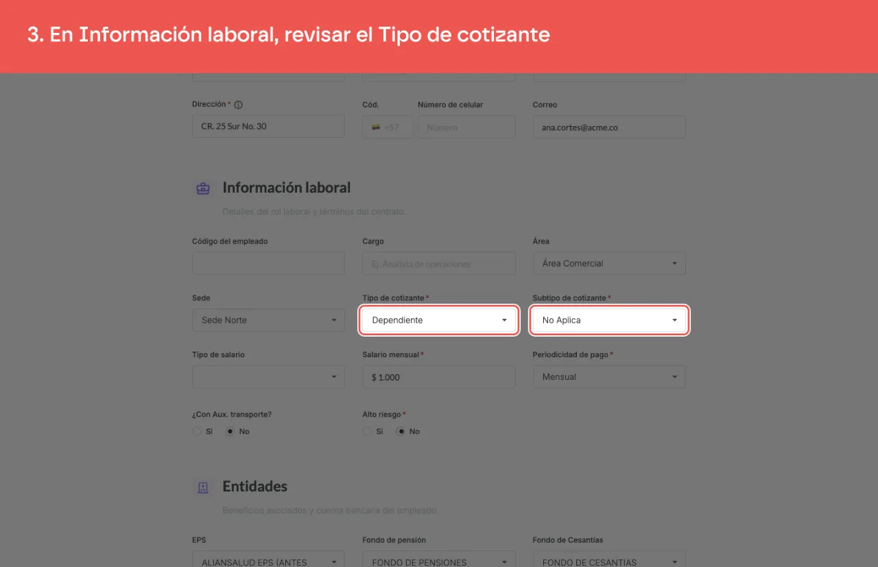 La sección Información laboral de Editar vinculación, con los campos Tipo de cotizante y Subtipo de cotizante