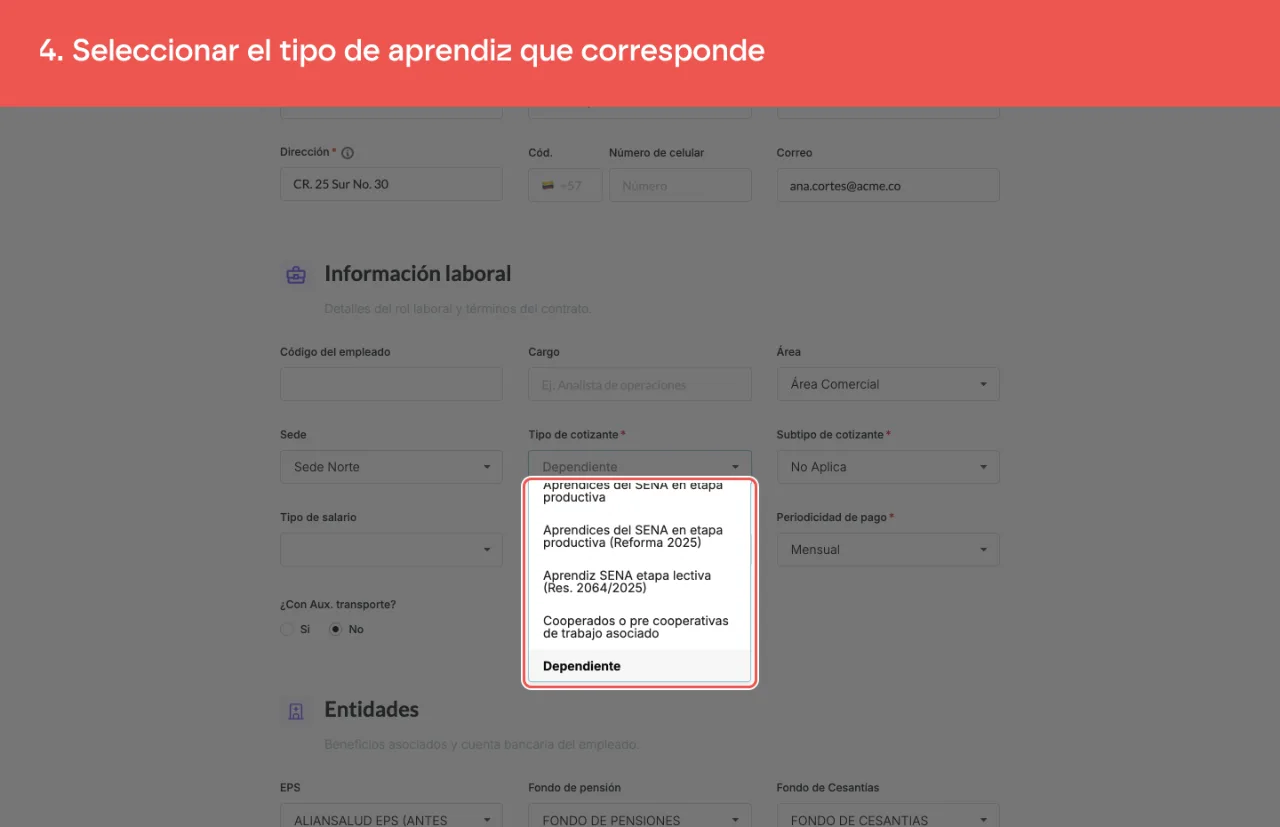 El selector Tipo de cotizante abierto, con los tipos de aprendiz del SENA en etapa lectiva y productiva