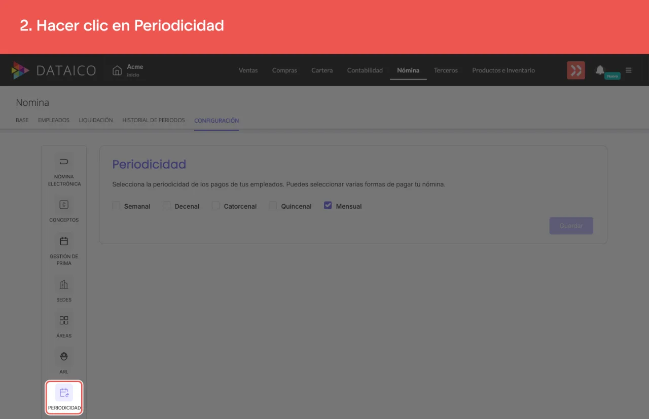 La entrada Periodicidad del menú lateral de Configuración de nómina