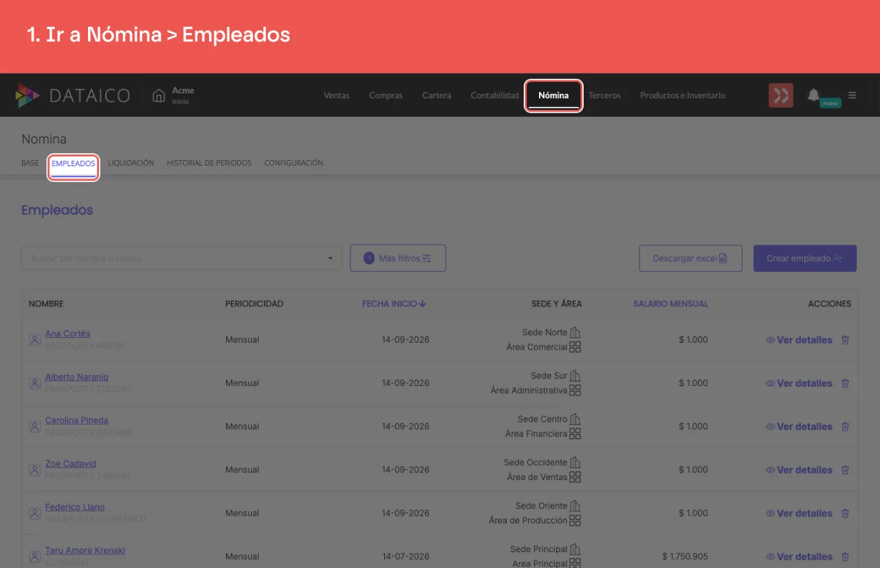 La pestaña Nómina del menú principal y, dentro, la subpestaña Empleados
