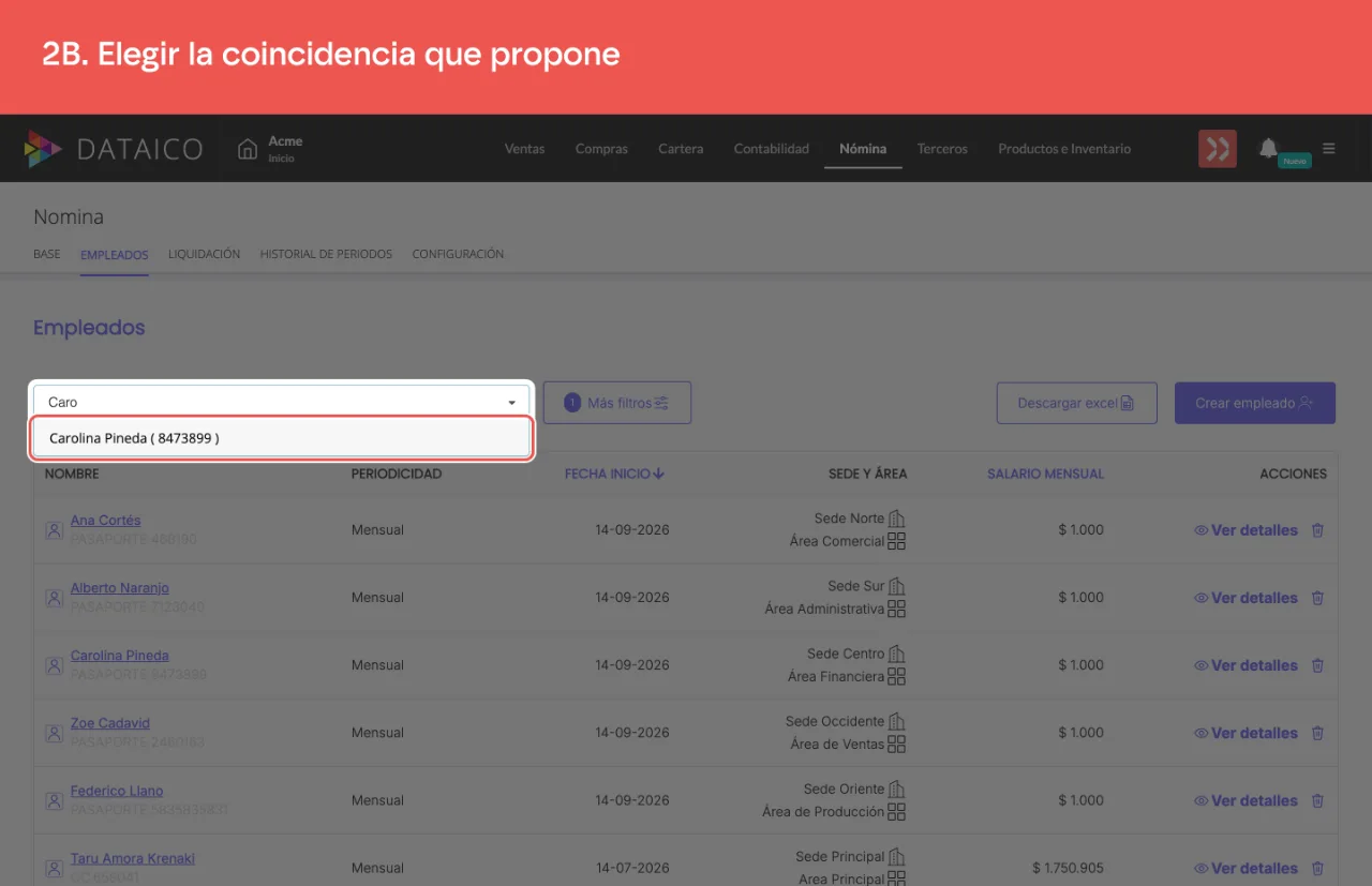 El buscador proponiendo la coincidencia con el nombre y la identificación del trabajador
