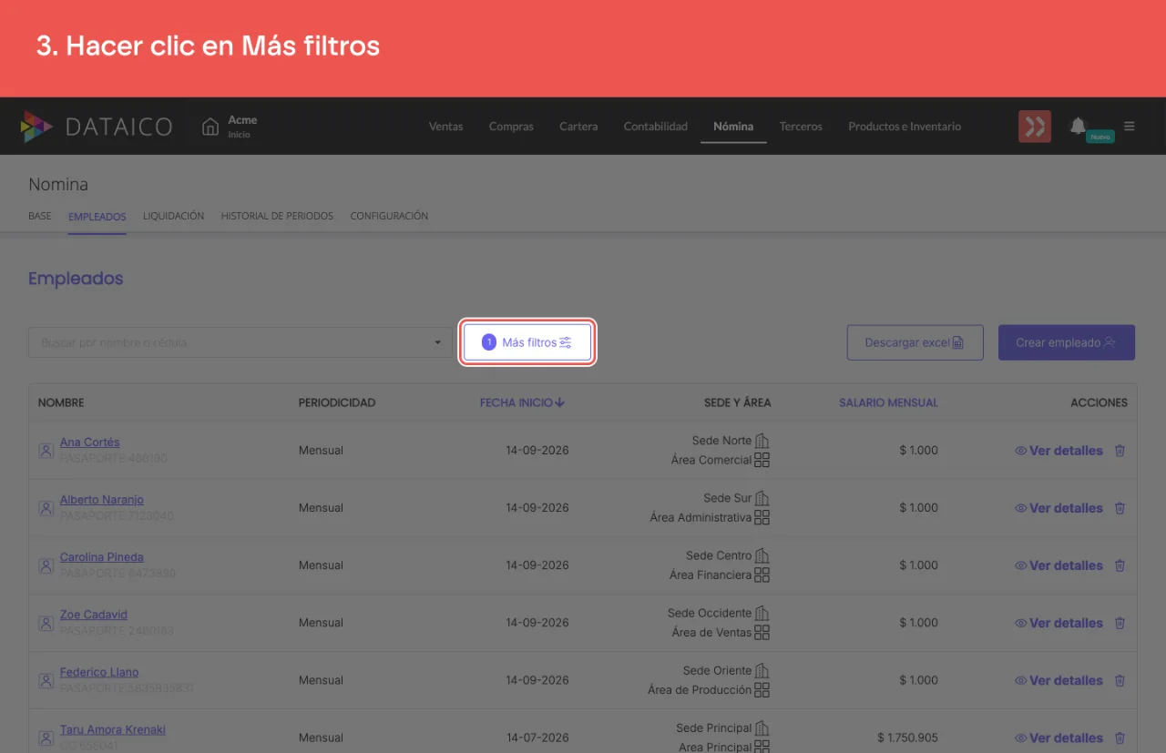 El botón Más filtros, con el número de filtros aplicados al listado