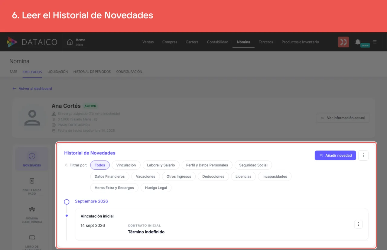 El Historial de Novedades del empleado, con sus filtros por categoría y la tarjeta de Vinculación inicial