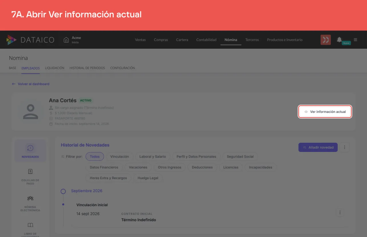 El botón Ver información actual, arriba a la derecha de la ficha