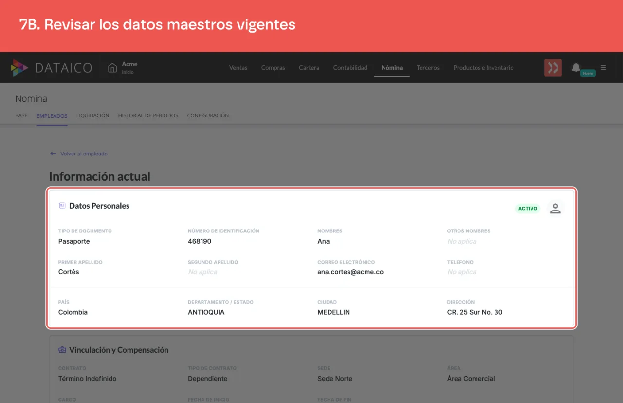 La pantalla Información actual con los datos maestros vigentes del trabajador
