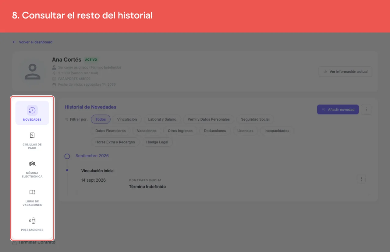 El menú lateral de la ficha con Novedades, Colillas de pago, Nómina electrónica, Libro de vacaciones y Prestaciones