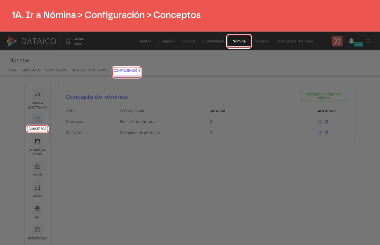 La pestaña Nómina, la subpestaña Configuración y la sección Conceptos del menú lateral