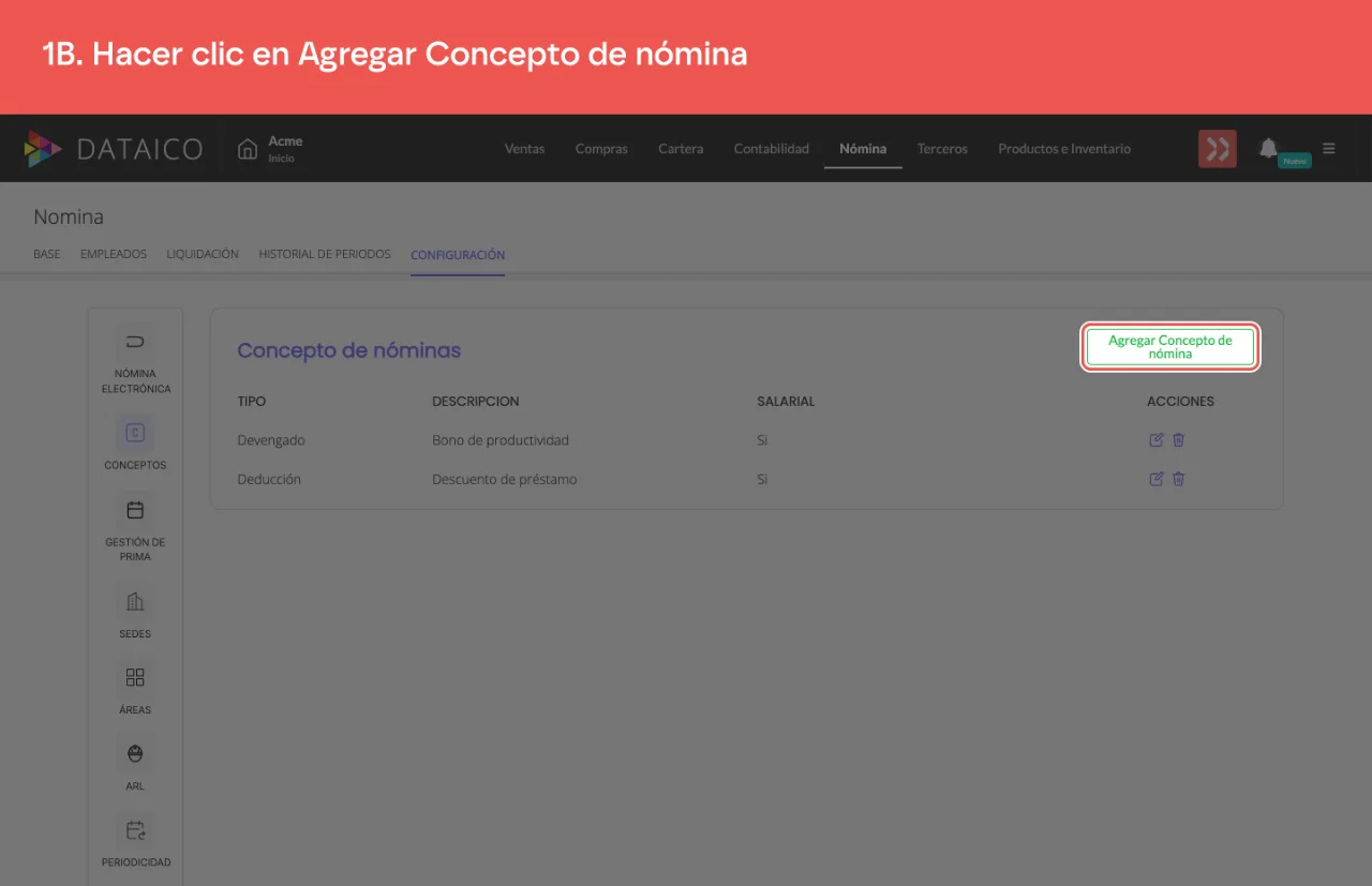 El botón Agregar Concepto de nómina, arriba a la derecha del listado de conceptos