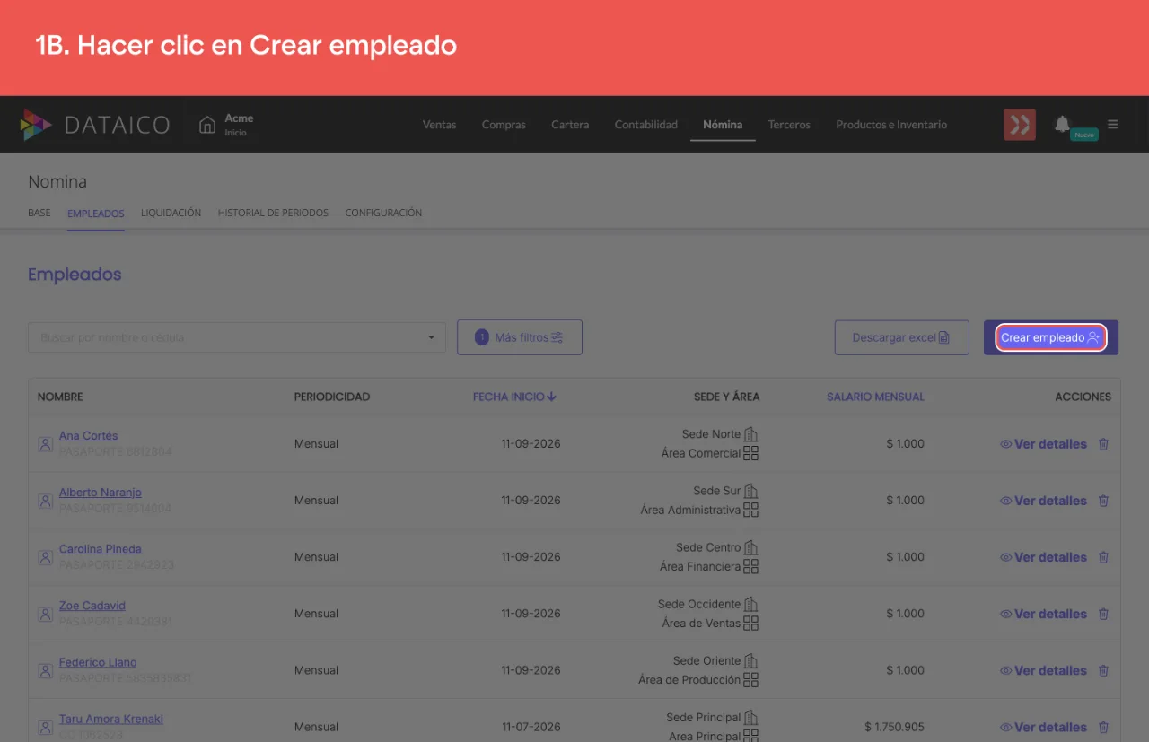 El botón verde Crear empleado, arriba a la derecha del listado de empleados
