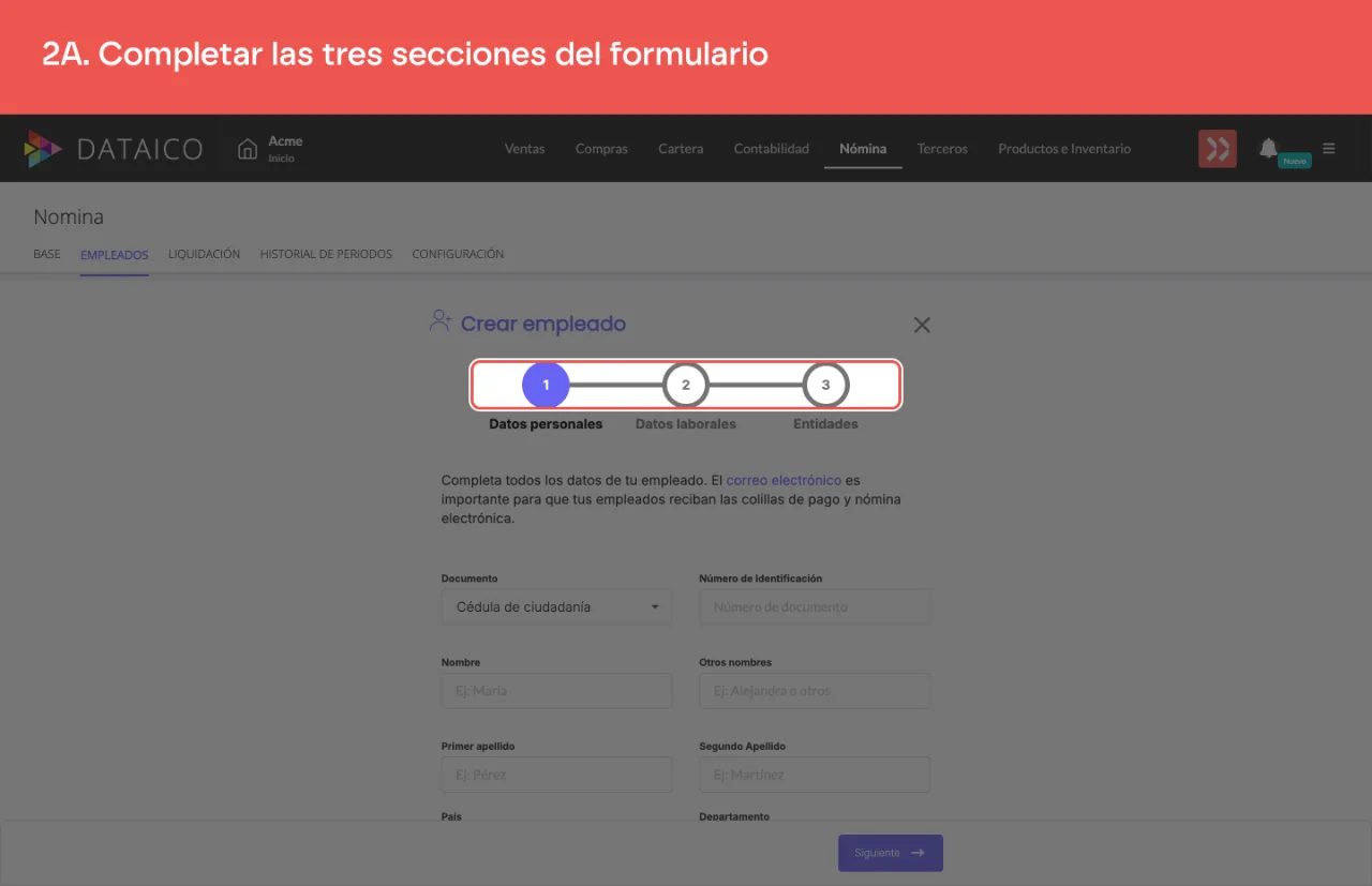 El formulario de creación con sus tres secciones: Datos personales, Datos laborales y Entidades. Se abre en Datos personales: identificación, nombre y datos de contacto