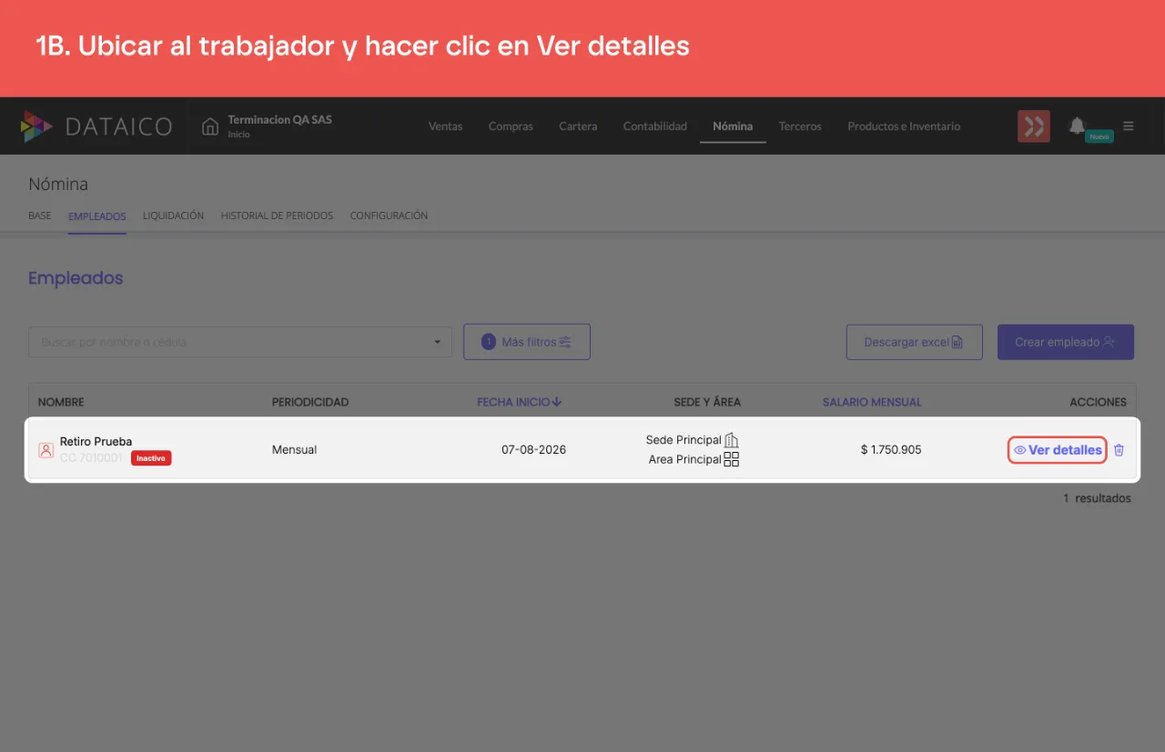 La fila del empleado inactivo en el listado de Empleados, con su enlace Ver detalles