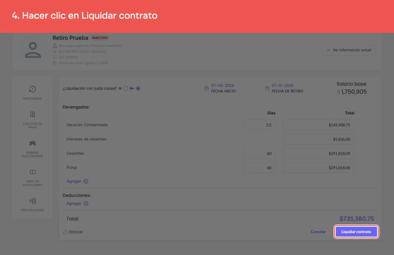 El botón Liquidar contrato, al pie del formulario de la colilla de terminación