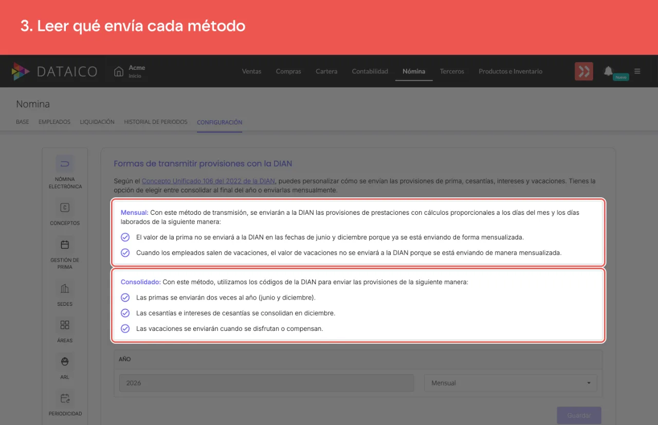 Las dos tarjetas que explican qué envía cada método: Mensual arriba y Consolidado debajo