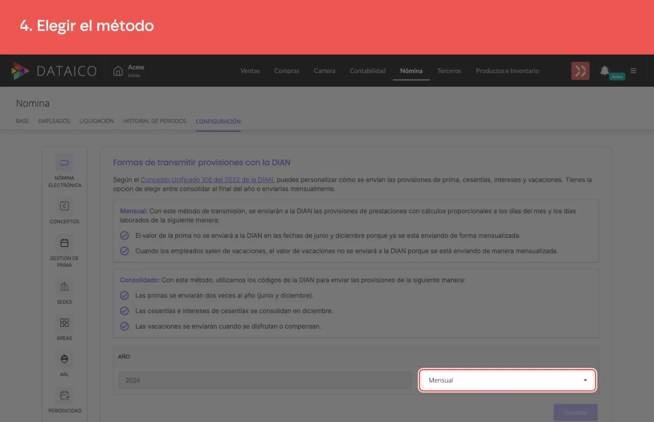 El selector del método de transmisión, al lado del año al que se aplica