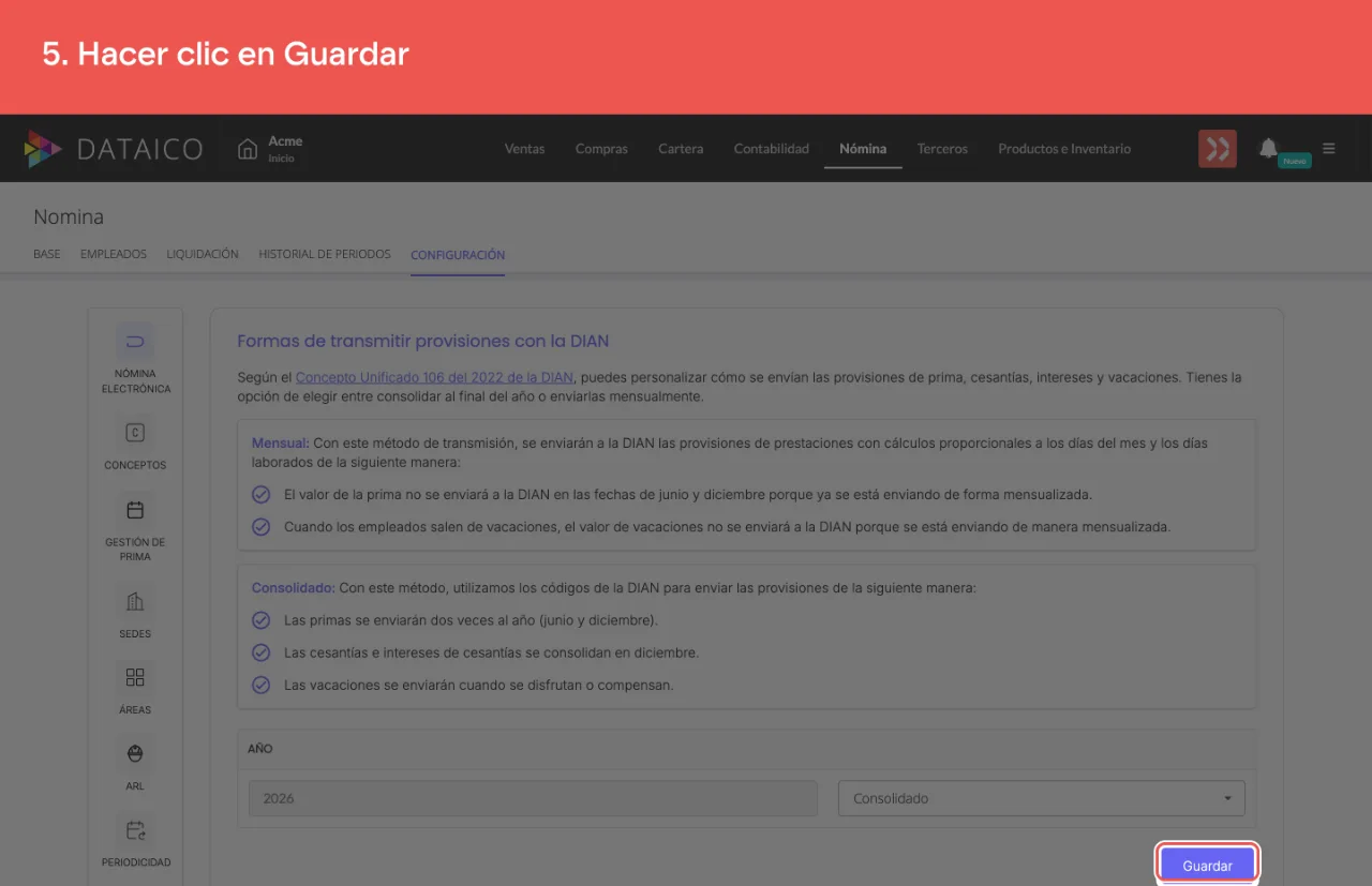 El botón Guardar, al pie de la pantalla