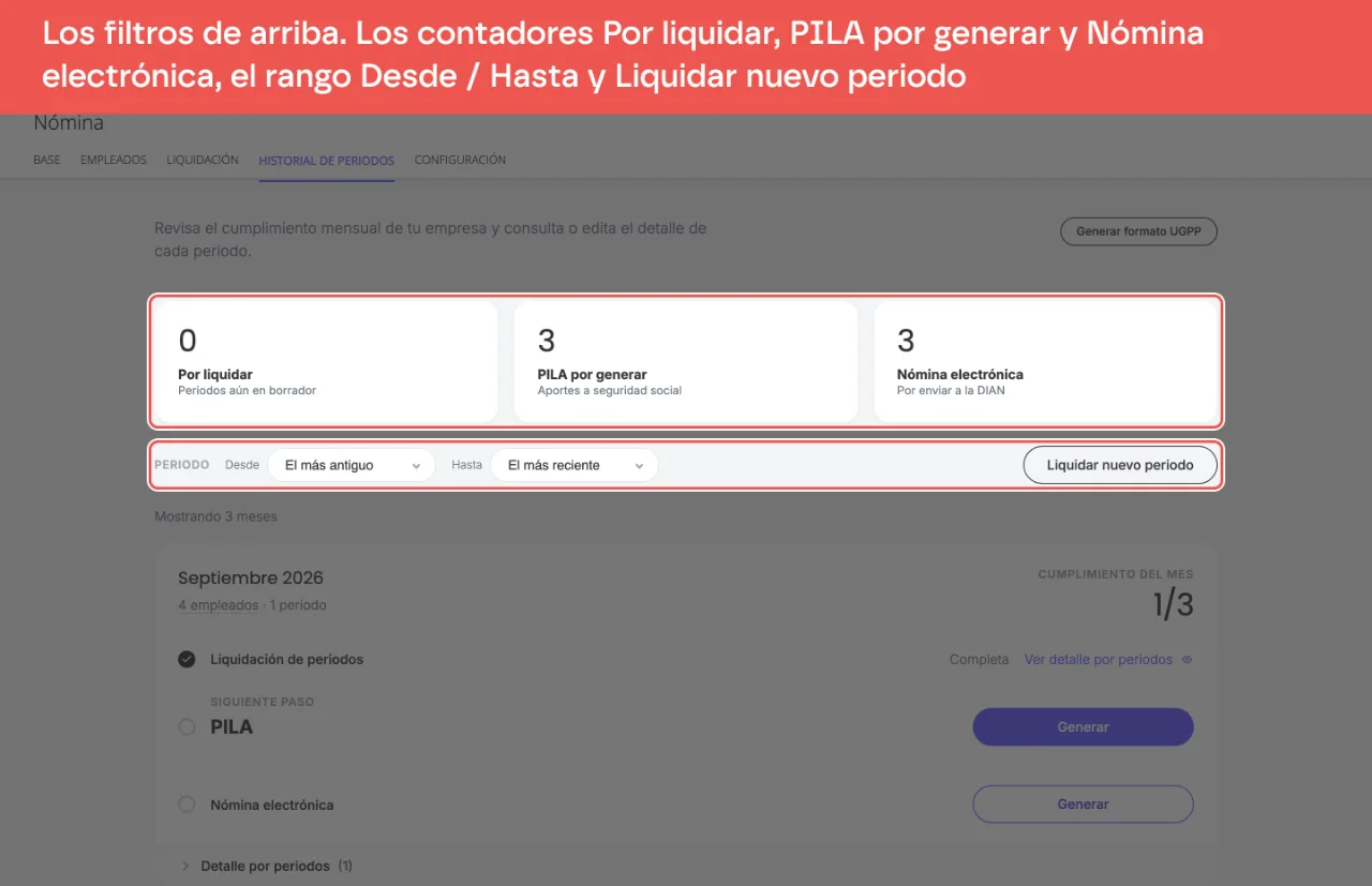 Los tres contadores del Historial de periodos, que filtran los meses a los que les falta cada obligación, y debajo el rango Desde y Hasta con el botón Liquidar nuevo periodo