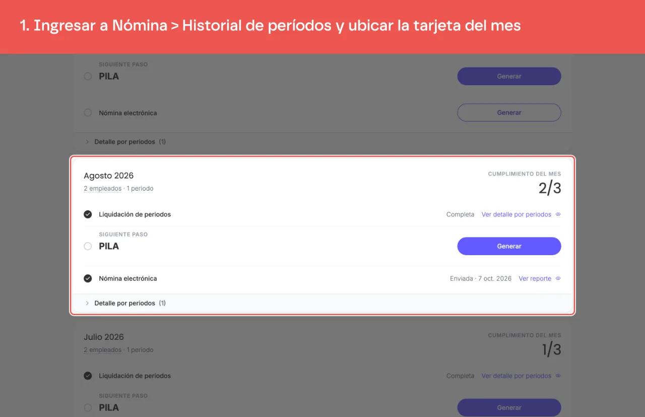 La tarjeta del mes en el Historial de períodos, con sus tres obligaciones