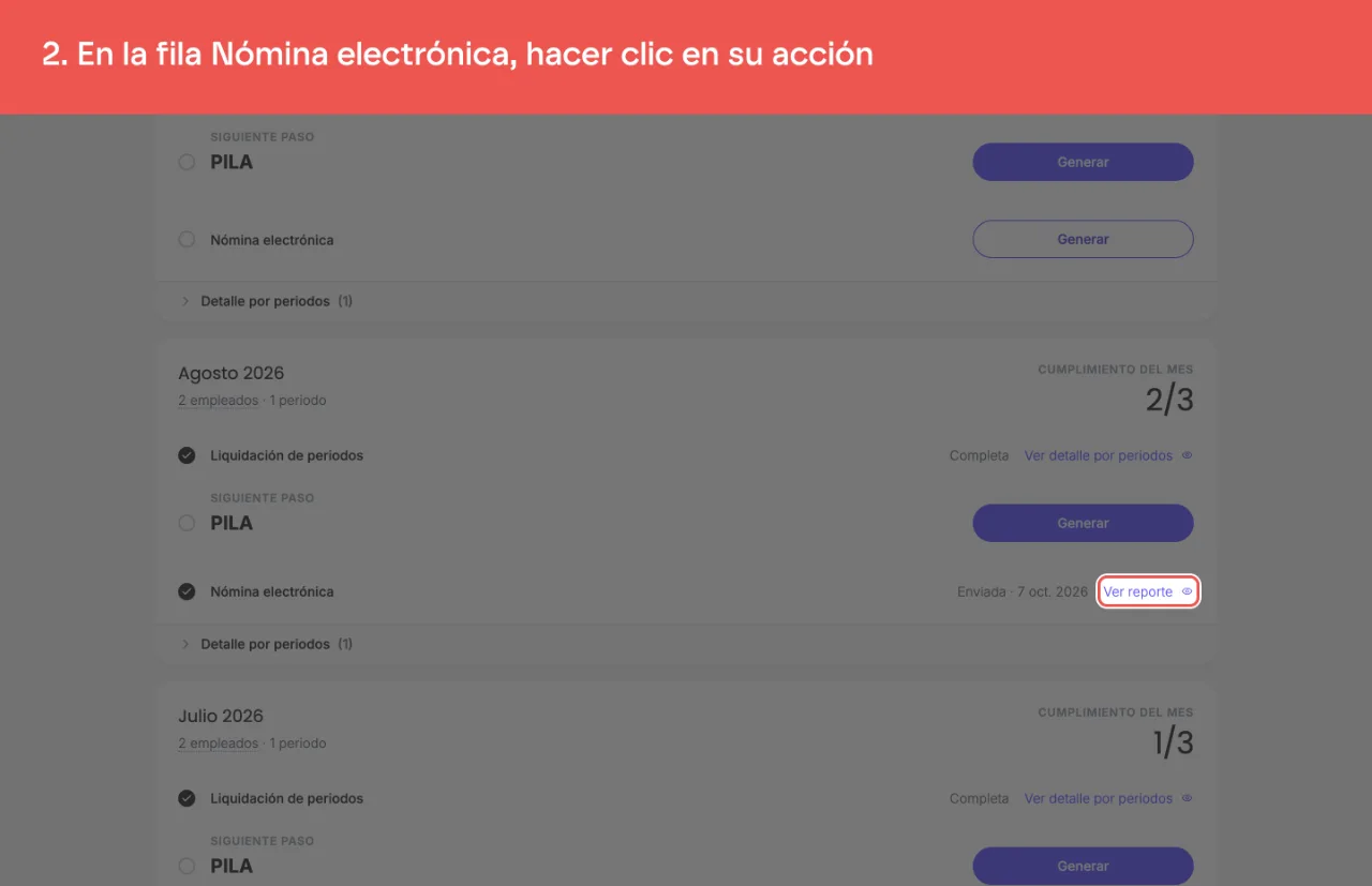 La acción de la fila Nómina electrónica en la tarjeta del mes, que abre la pantalla de nómina electrónica