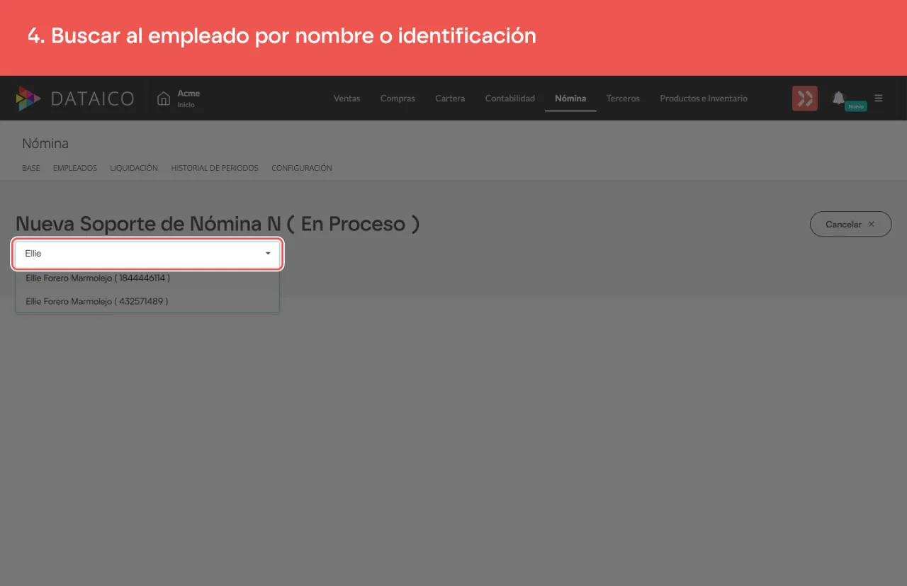 El buscador de empleados del formulario, con el nombre escrito y los resultados debajo