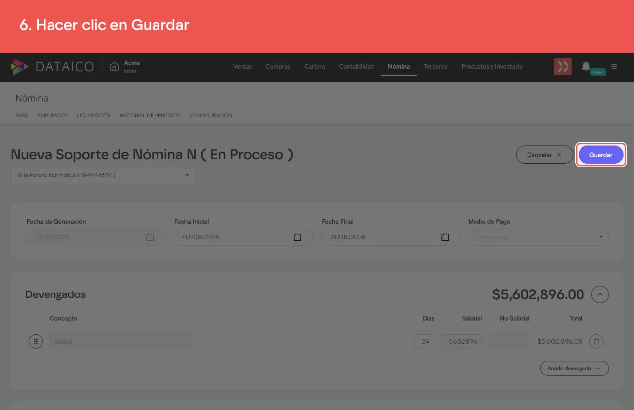 El botón Guardar del formulario