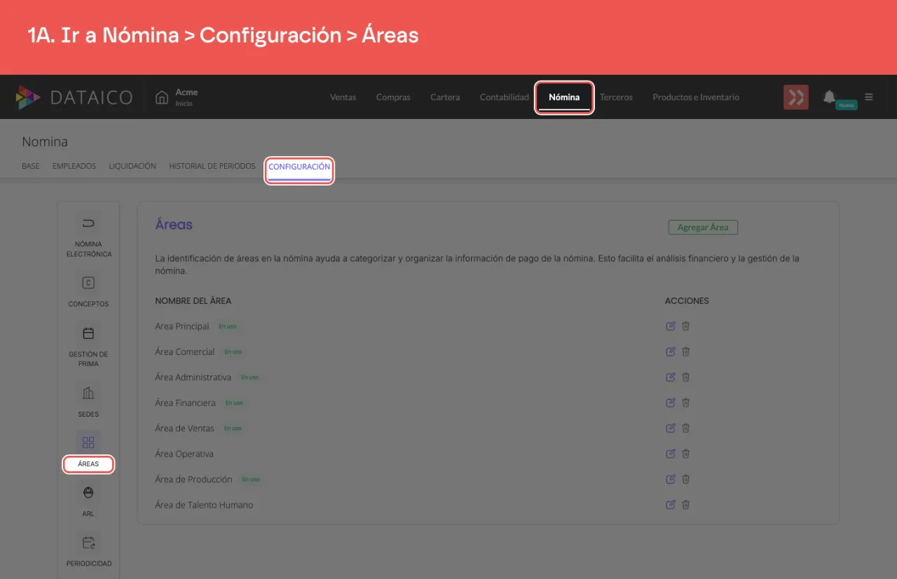 La pestaña Nómina, la subpestaña Configuración y la sección Áreas del menú lateral