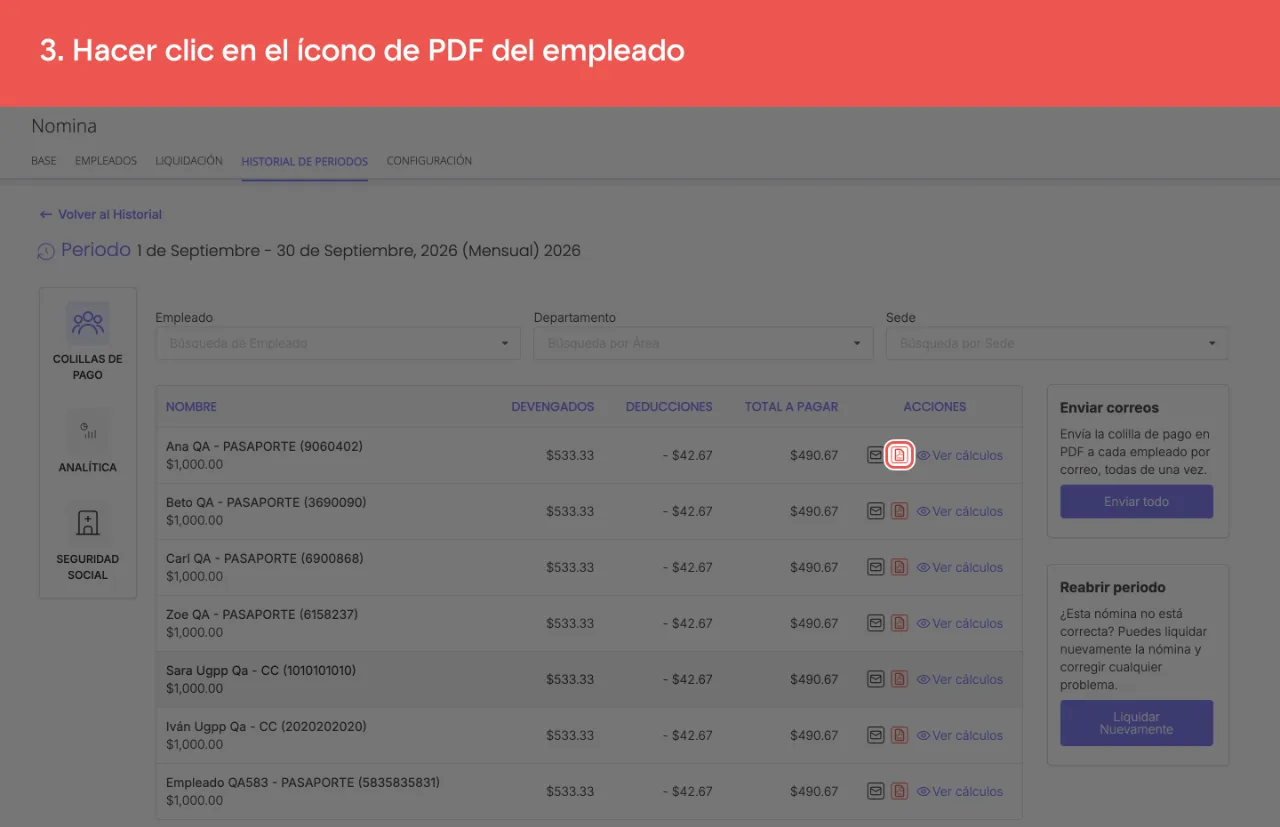 El ícono rojo de PDF en la columna de acciones del empleado, que descarga su colilla
