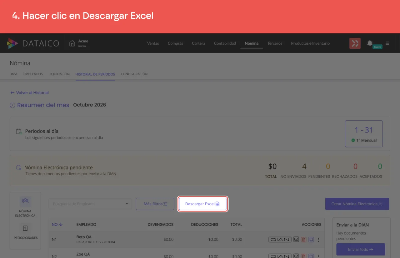 El botón Descargar Excel, arriba del listado de nómina electrónica del mes