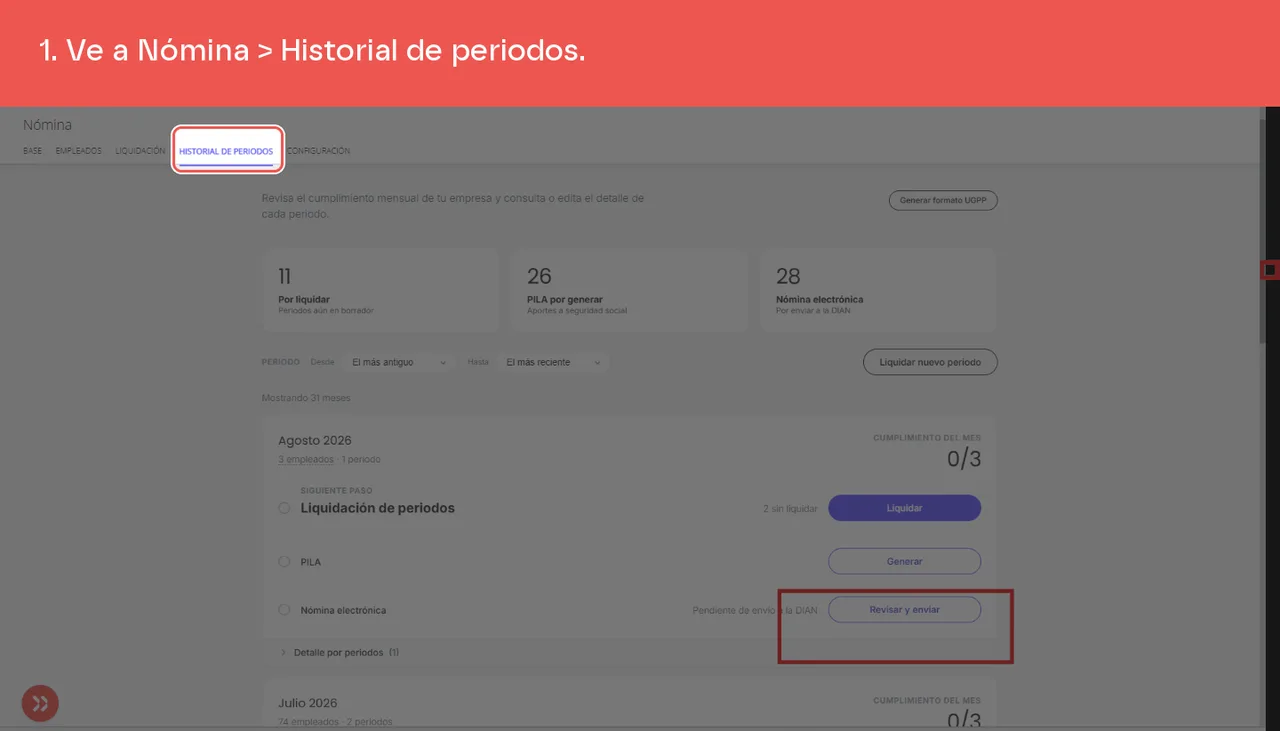 La pestaña Historial de periodos de la barra de secciones de Nómina