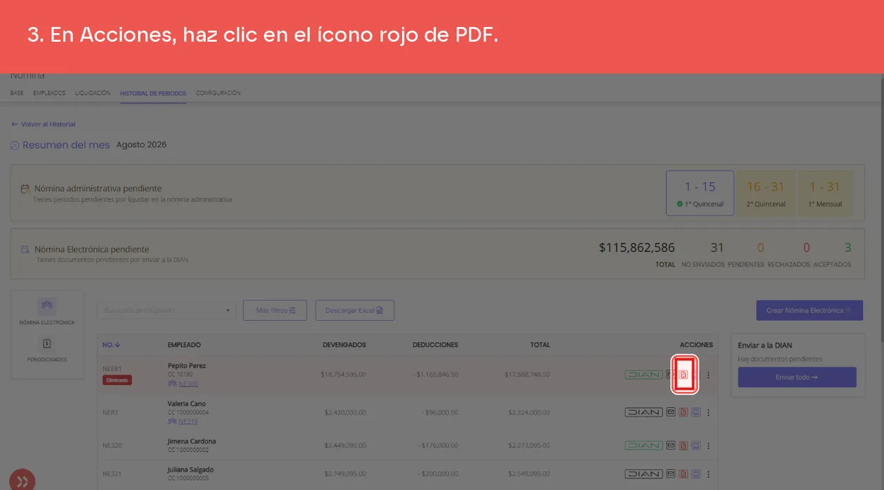 El ícono rojo de PDF en la columna Acciones de la fila del empleado