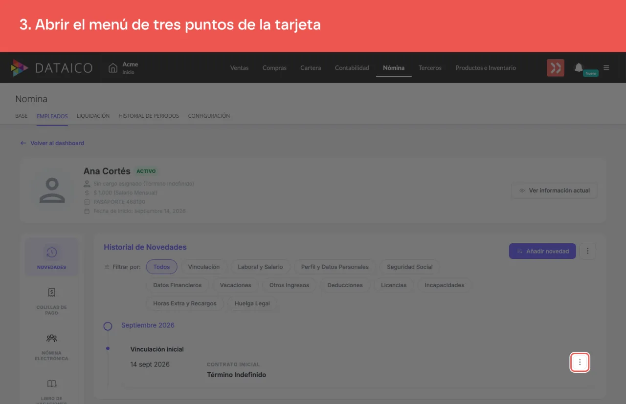 El menú de tres puntos de la tarjeta, que es el de la tarjeta y no el del encabezado