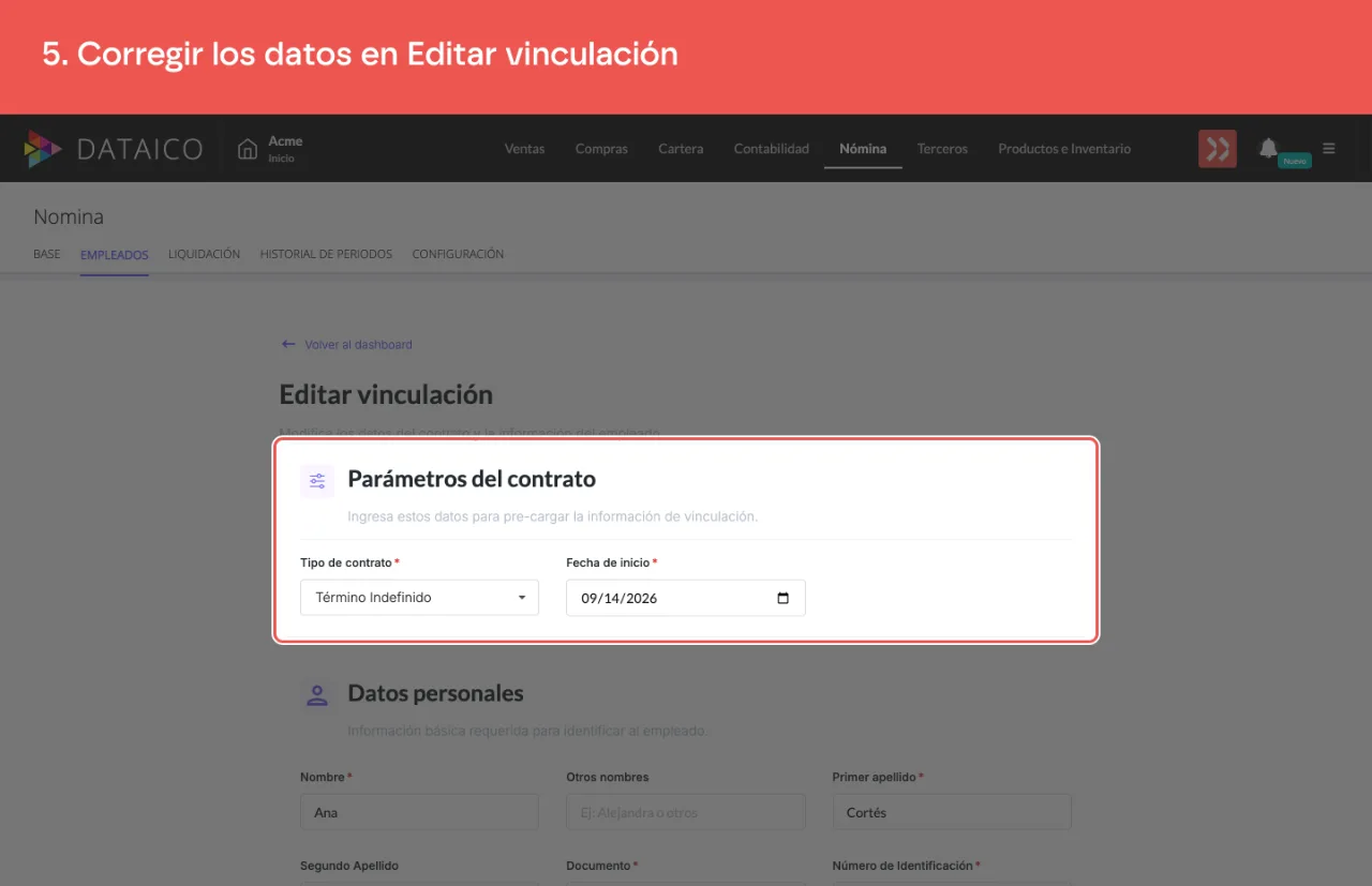 El formulario Editar vinculación, con los parámetros del contrato y los datos del empleado