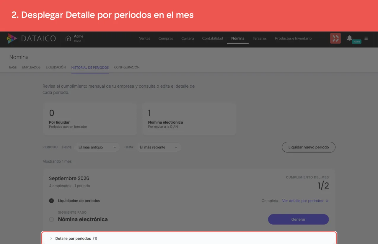 El desplegable Detalle por periodos, al pie de la tarjeta del mes