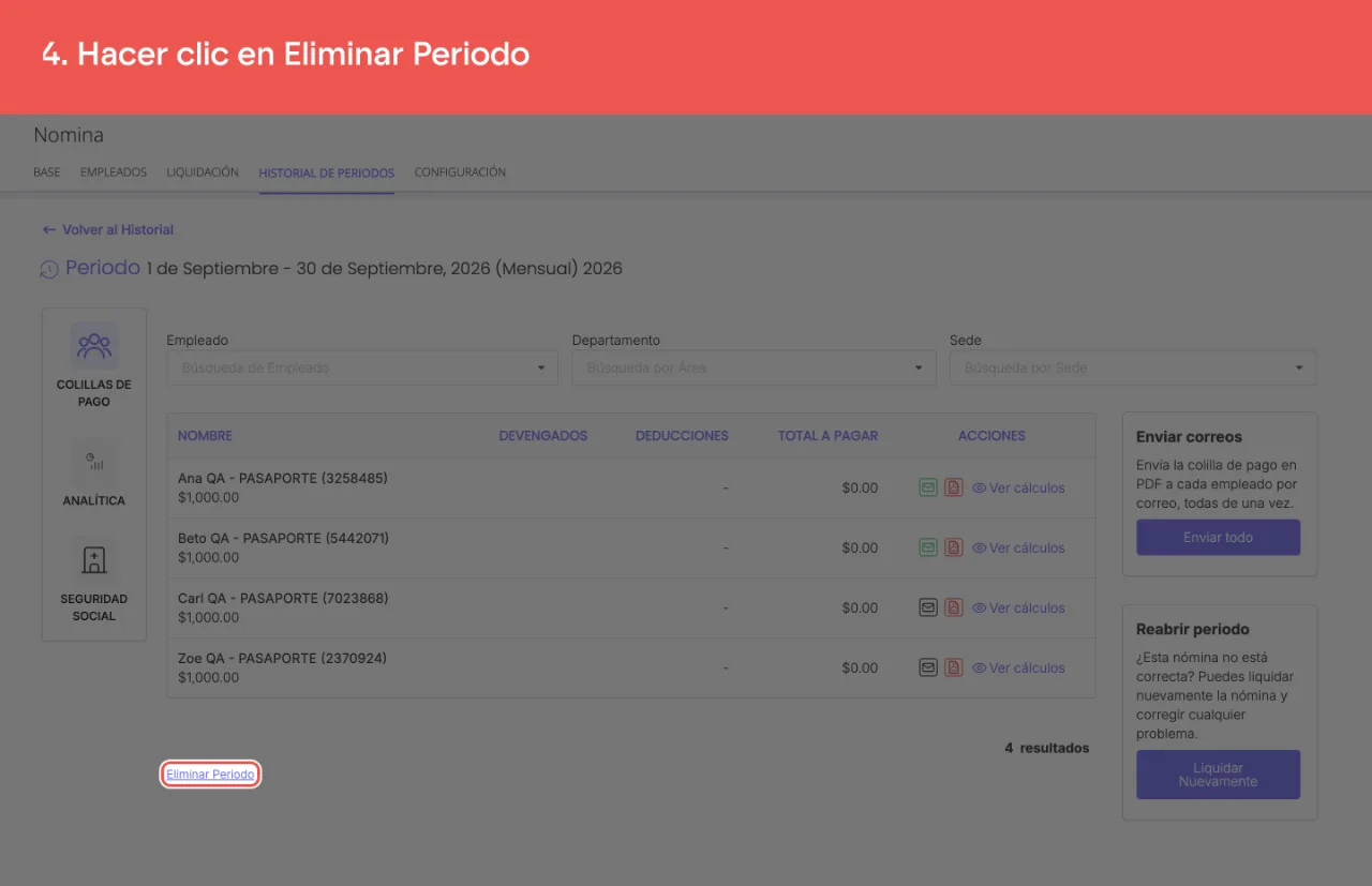 El enlace Eliminar Periodo, al pie de la pantalla del periodo